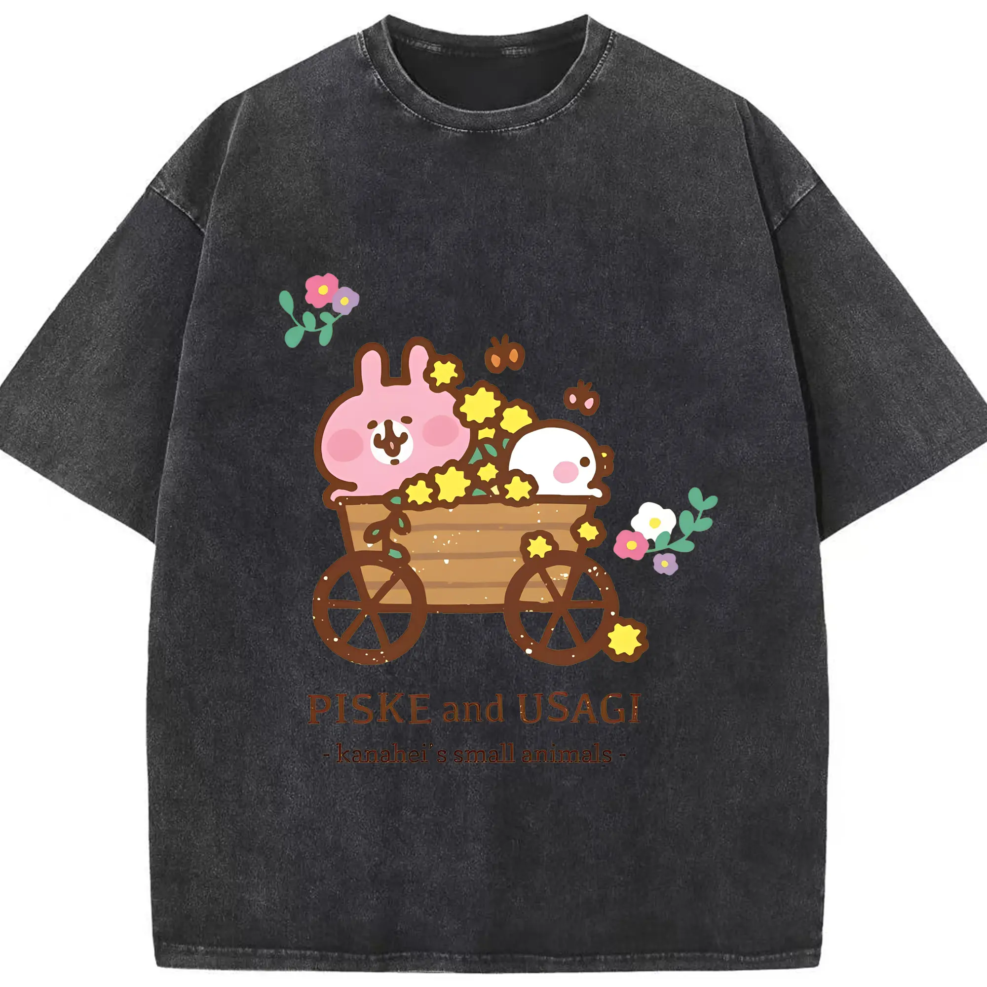 カナヘイの小動物キュートな花車スタイル - 綿100％ ヴィンテージ風 半袖Tシャツ ・ フロントプリント ・ 柔らか肌触り ・ 通気性 快適 ・ スポーツ カジュアル 外出用