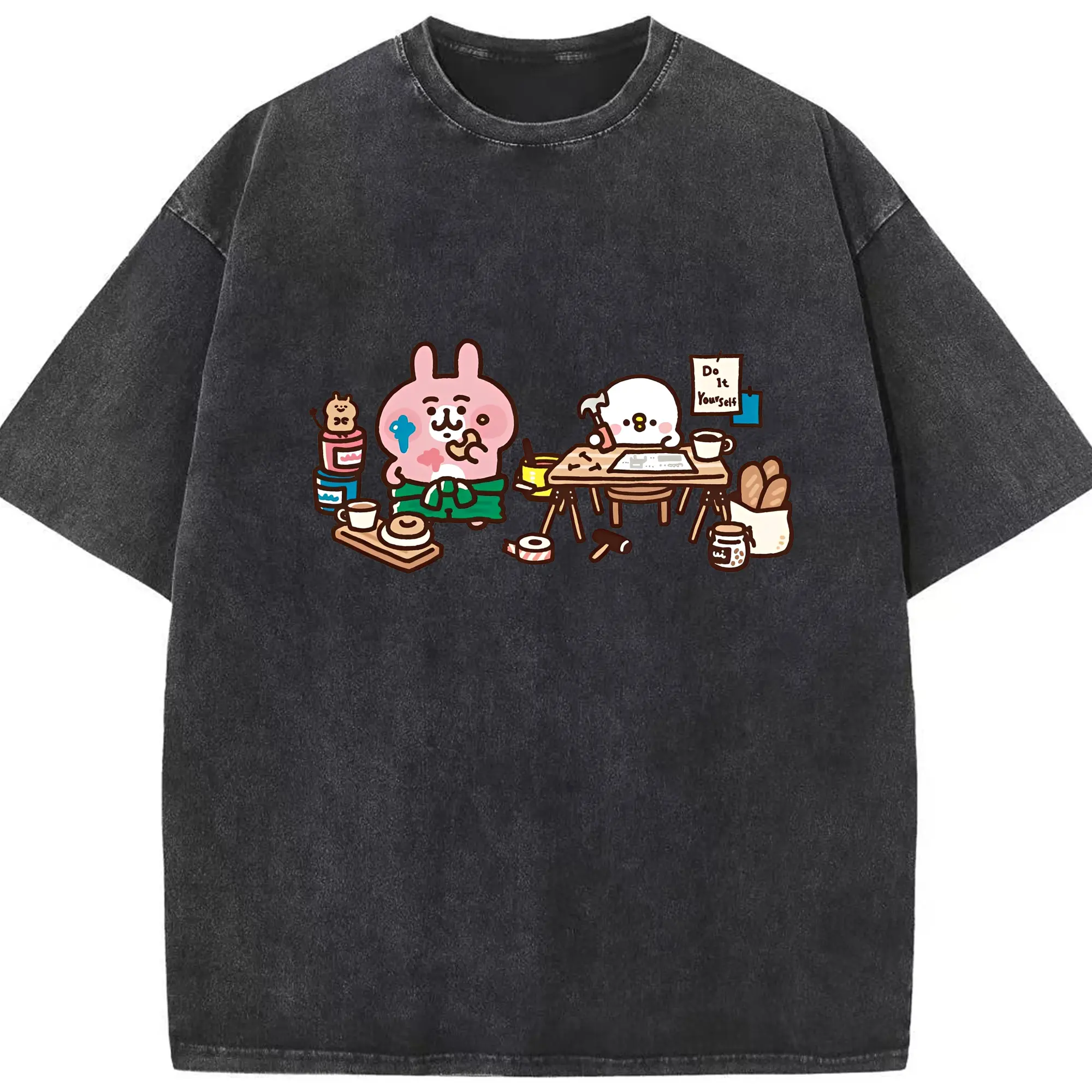 ピスケ＆うさぎカナヘイの小動物 - 綿100％ ヴィンテージ風 半袖Tシャツ ・ フロントプリント ・ 柔らか肌触り ・ 通気性 快適 ・ スポーツ カジュアル 外出用