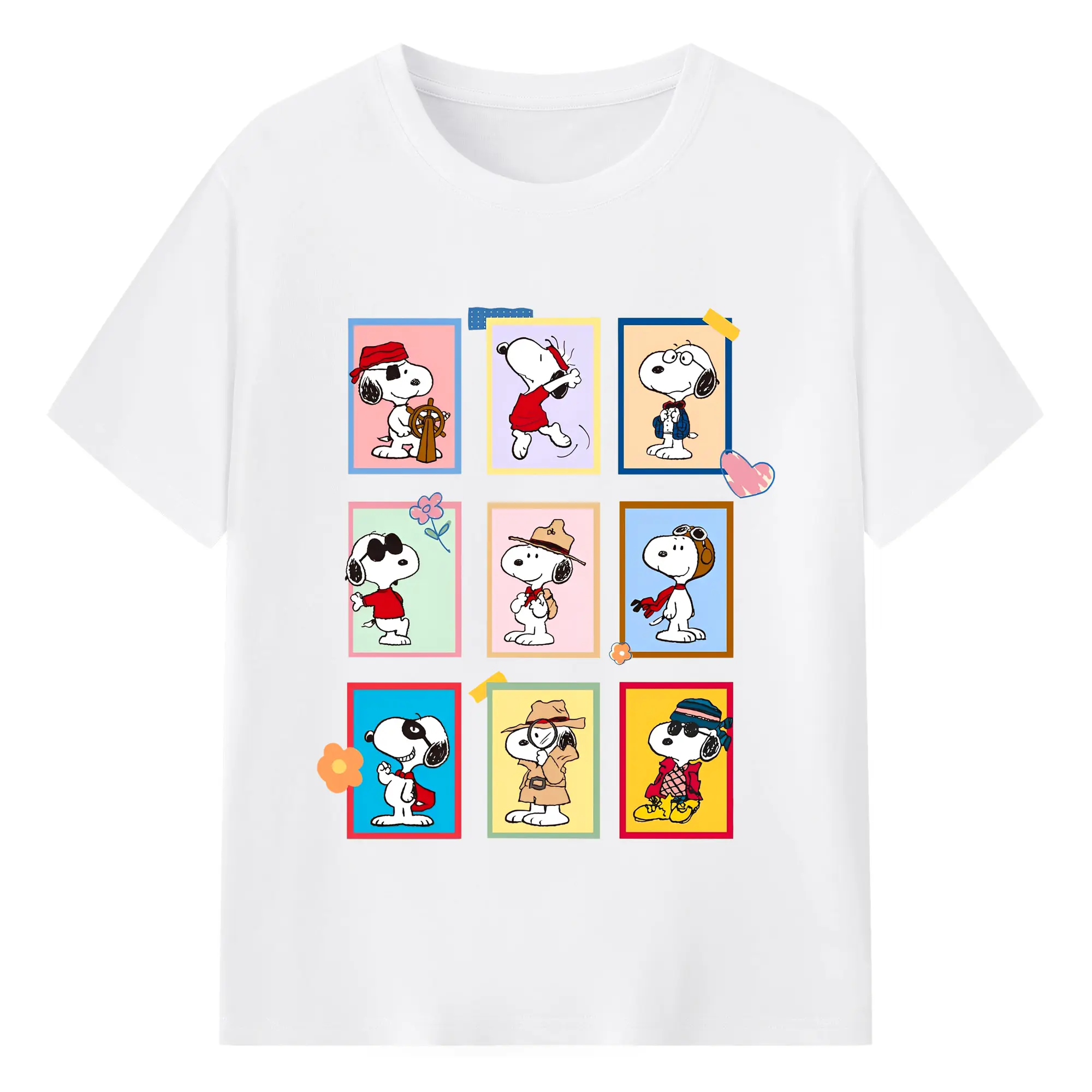 スヌーピー 限定パズルの九マスデザイン - 綿100％ 半袖Tシャツ ・ フロントプリント ・ 快適 通気性 ・ 日常使い 散歩 スポーツ用