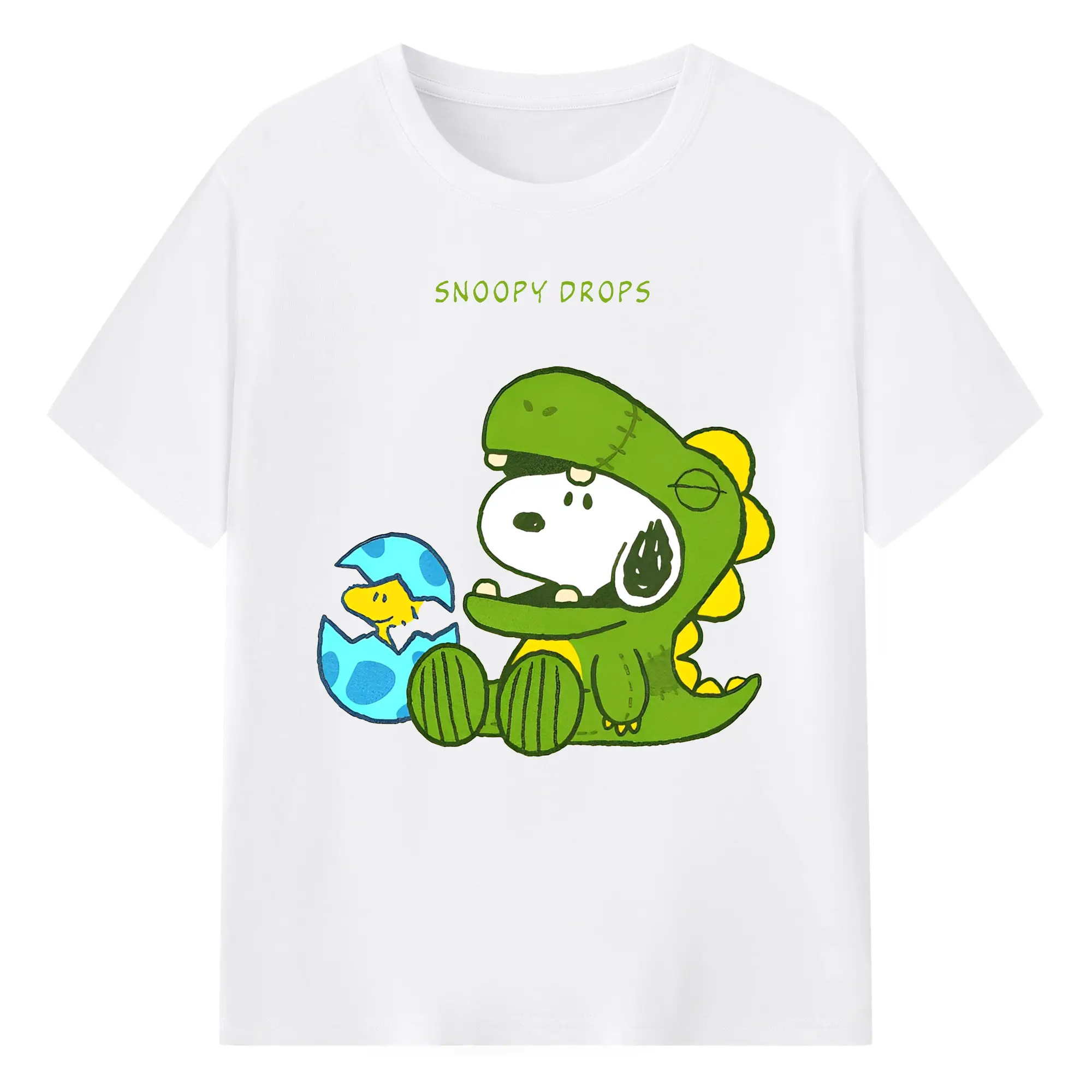 たまごから登場！ウッドストック＆恐竜スヌーピー - 綿100％ 半袖Tシャツ ・ フロントプリント ・ 快適 通気性 ・ 日常使い 散歩 スポーツ用