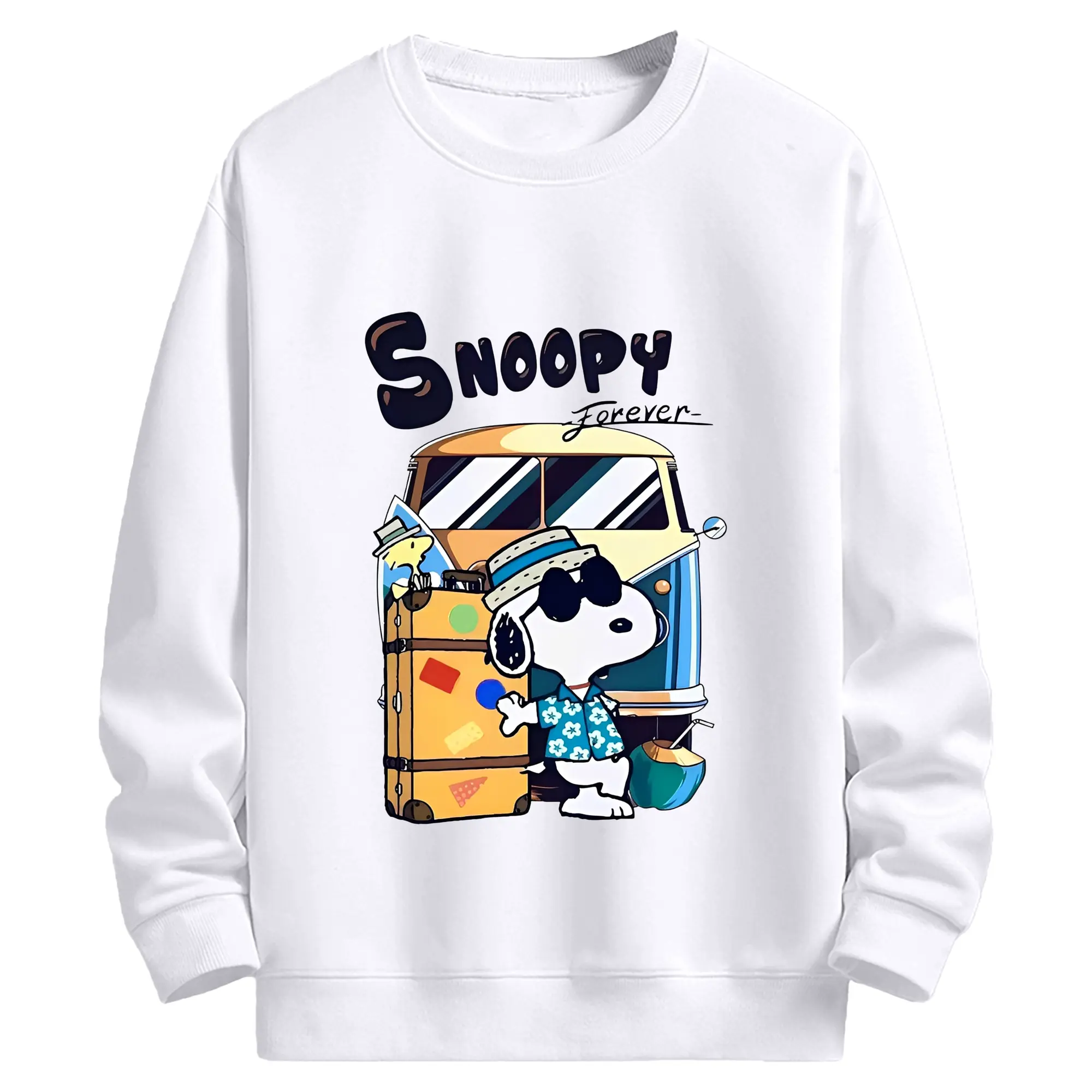 スヌーピー 夏の旅行のんびり - 高品質 クルーネック スウェット ・ コットン59％ ポリエステル41％ ・ ユニセックス 長袖 トレーナー ・ カジュアル デイリー スポーツ 散歩用