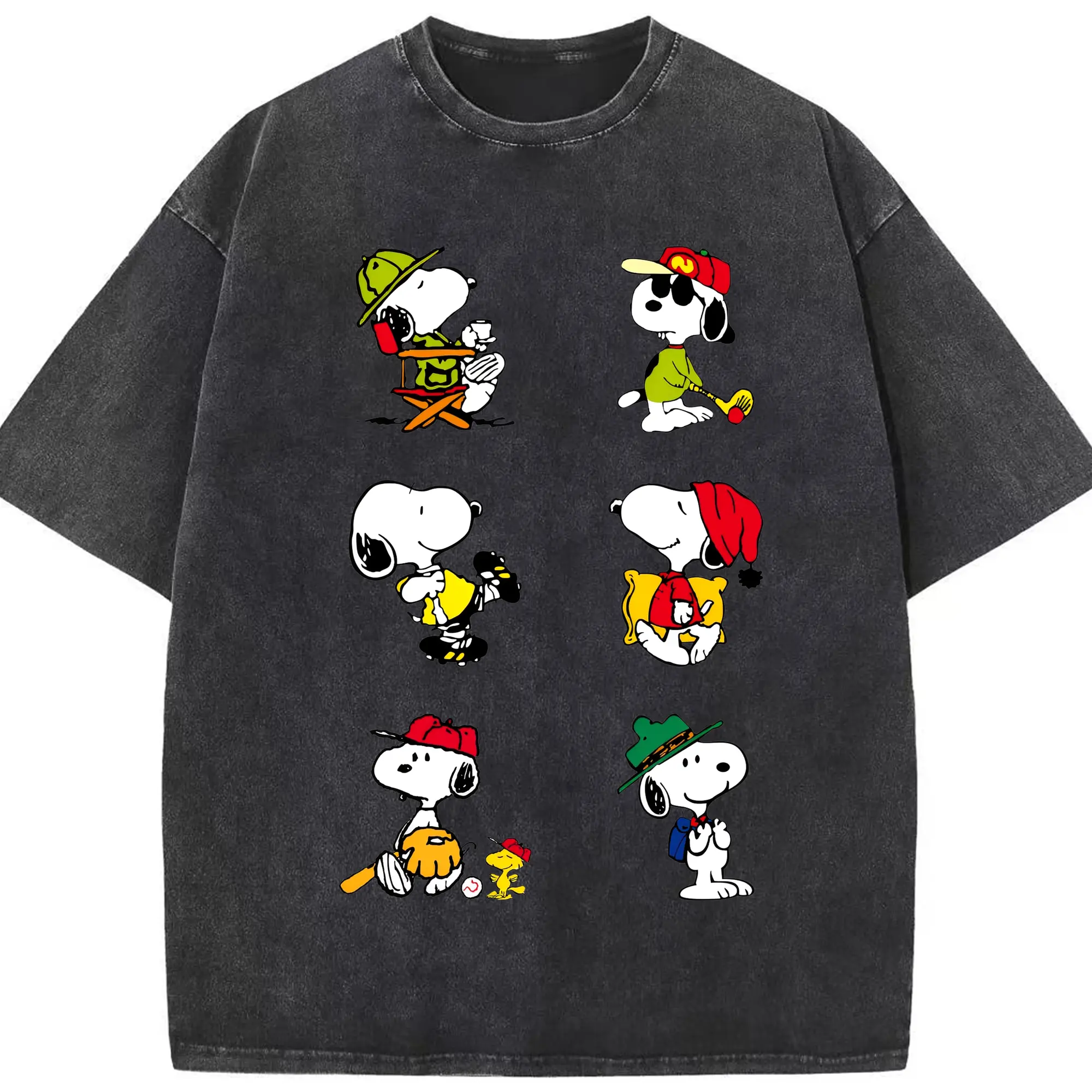 かわいいスヌーピー 大集合 - 綿100％ ヴィンテージ風 半袖Tシャツ ・ フロントプリント ・ 柔らか肌触り ・ 通気性 快適 ・ スポーツ カジュアル 外出用