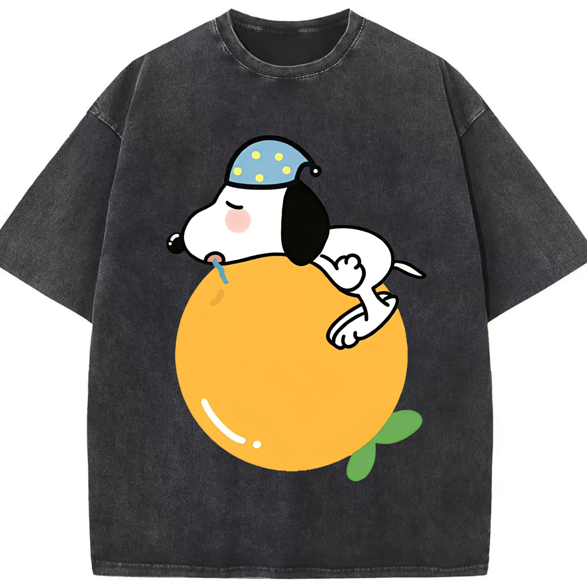 スヌーピー 癒しの みかんおやすみ - 綿100％ ヴィンテージ風 半袖Tシャツ ・ フロントプリント ・ 柔らか肌触り ・ 通気性 快適 ・ スポーツ カジュアル 外出用