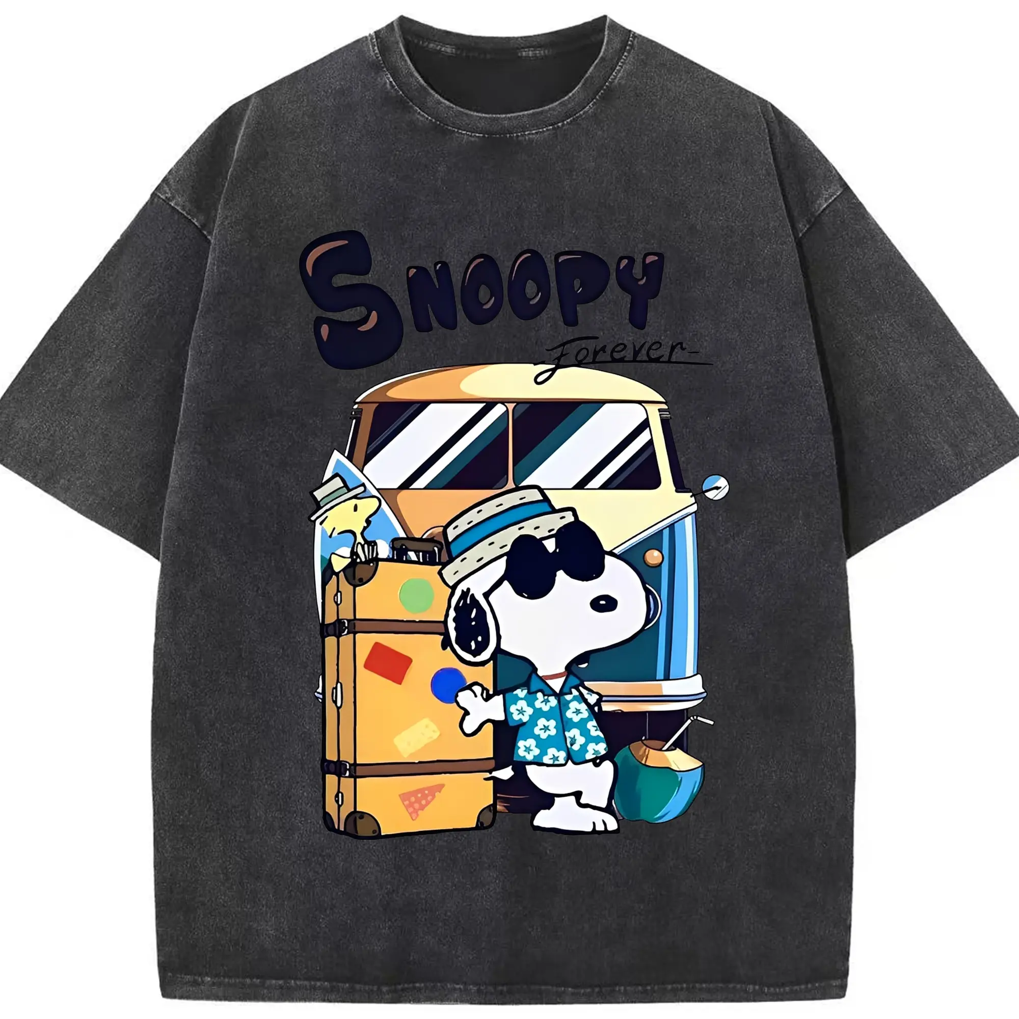 スヌーピー 夏の旅行のんびり - 綿100％ ヴィンテージ風 半袖Tシャツ ・ フロントプリント ・ 柔らか肌触り ・ 通気性 快適 ・ スポーツ カジュアル 外出用