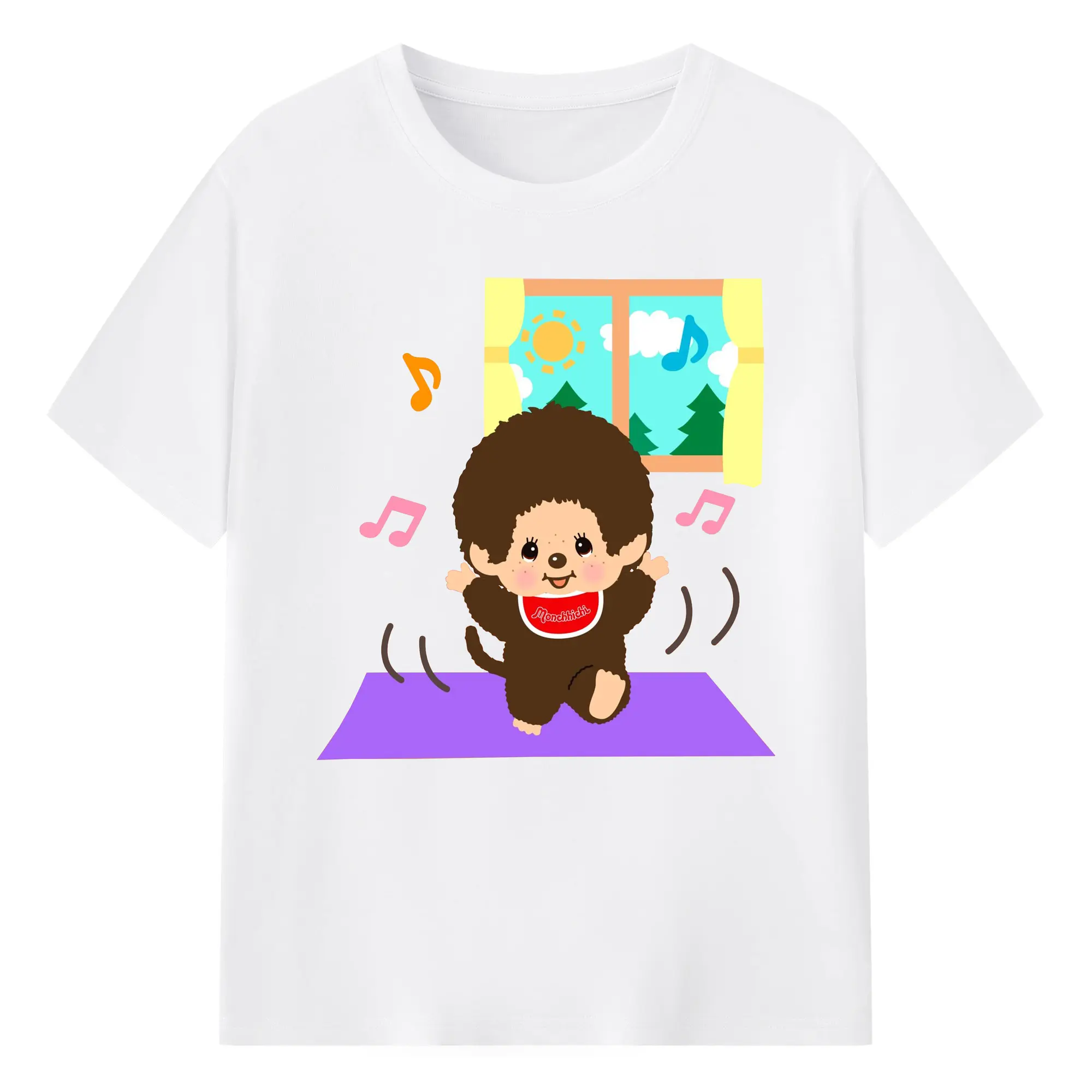 モンチッチミュージック 音符＆リズム柄 可愛いキャラクター - 綿100％ 半袖Tシャツ ・ フロントプリント ・ 快適 通気性 ・ 日常使い 散歩 スポーツ用