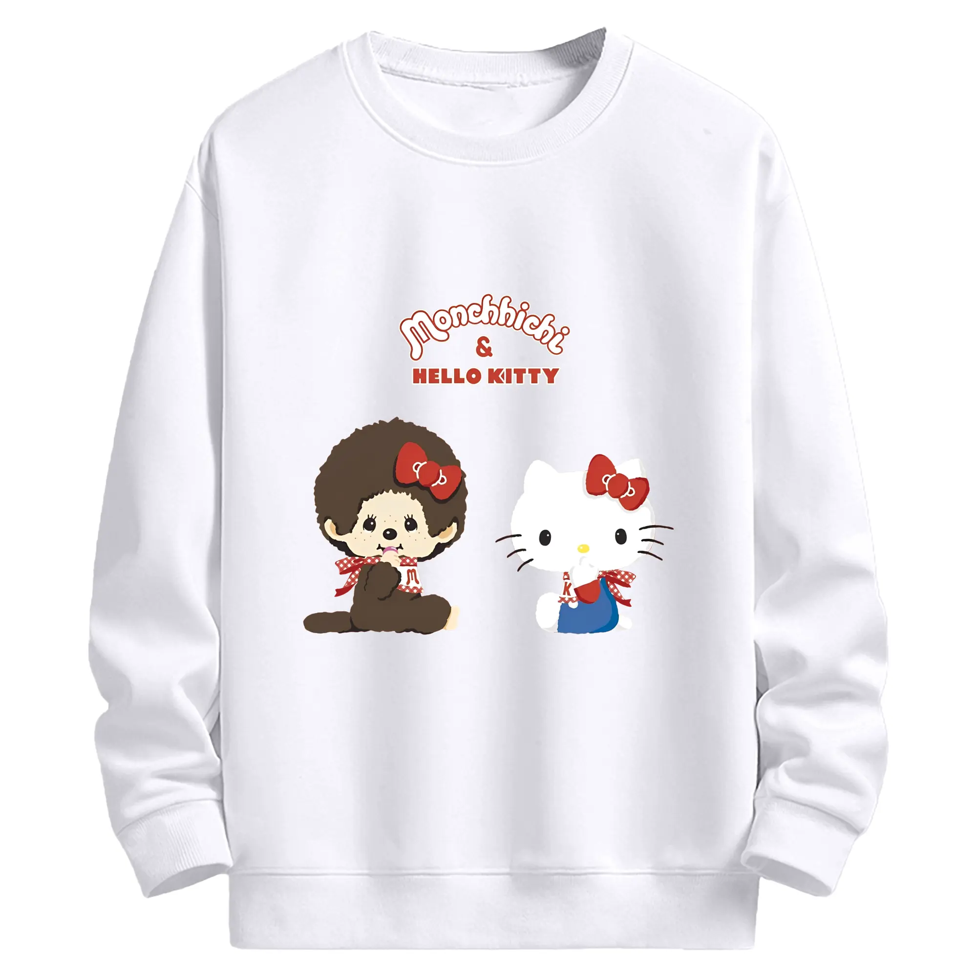 モンチッチ×ハローキティコラボ限定 - 高品質 クルーネック スウェット ・ コットン59％ ポリエステル41％ ・ ユニセックス 長袖 トレーナー ・ カジュアル デイリー スポーツ 散歩用