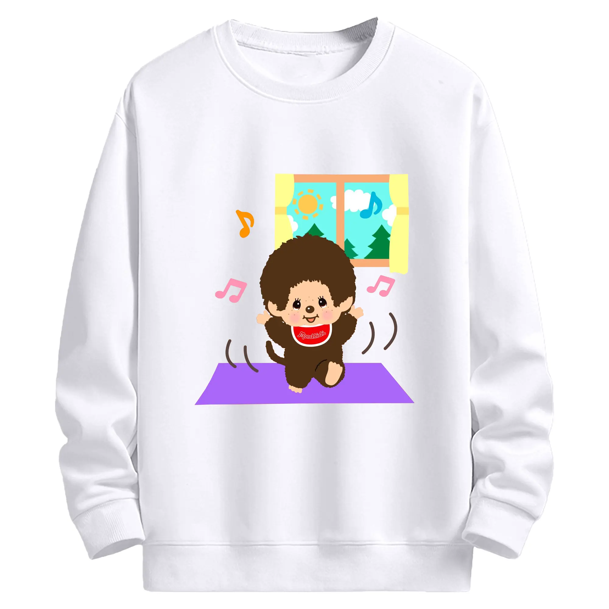 モンチッチミュージック 音符＆リズム柄 可愛いキャラクター - 高品質 クルーネック スウェット ・ コットン59％ ポリエステル41％ ・ ユニセックス 長袖 トレーナー ・ カジュアル デイリー スポーツ 散歩用