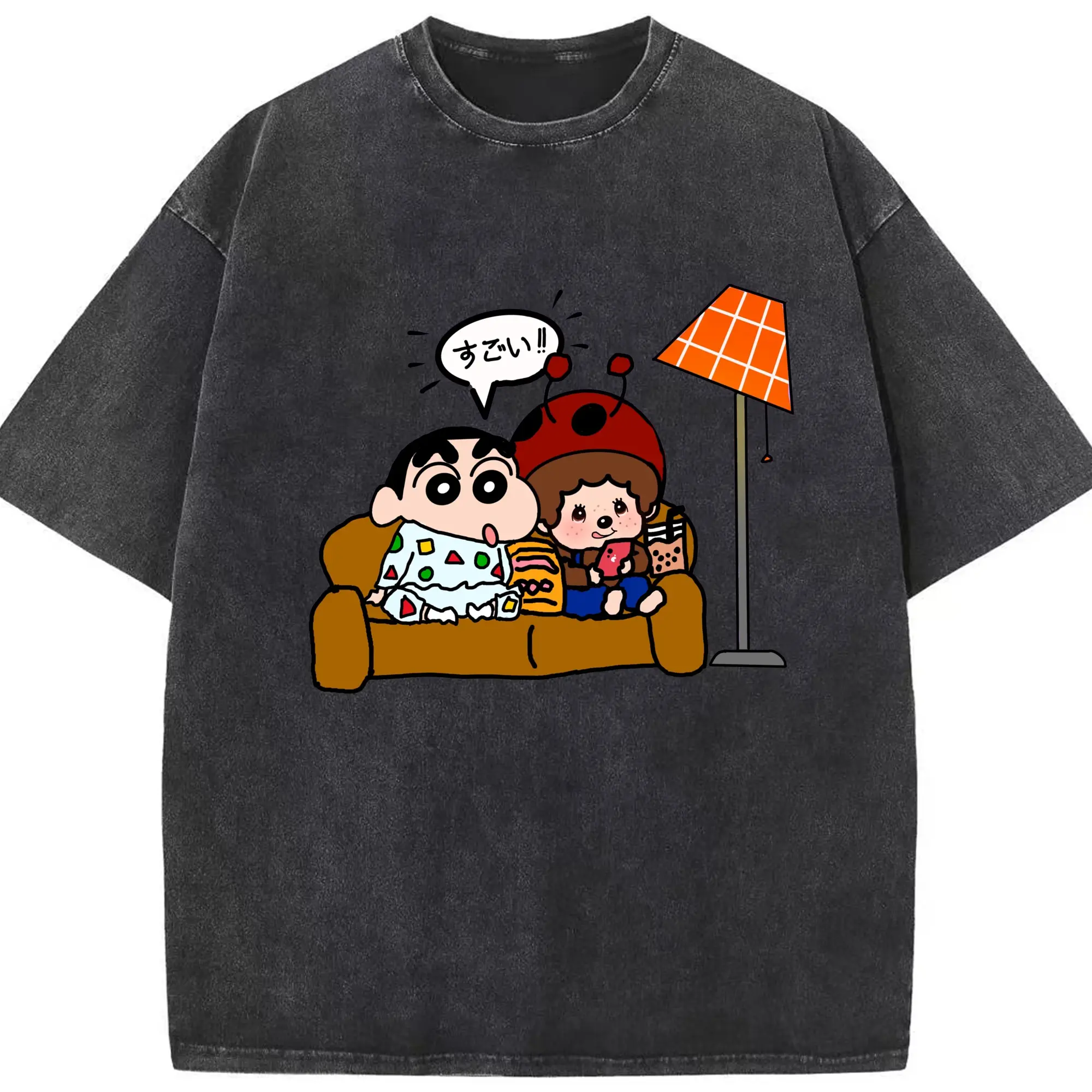 モンチッチ×クレヨンしんちゃんコラボ限定 - 綿100％ ヴィンテージ風 半袖Tシャツ ・ フロントプリント ・ 柔らか肌触り ・ 通気性 快適 ・ スポーツ カジュアル 外出用
