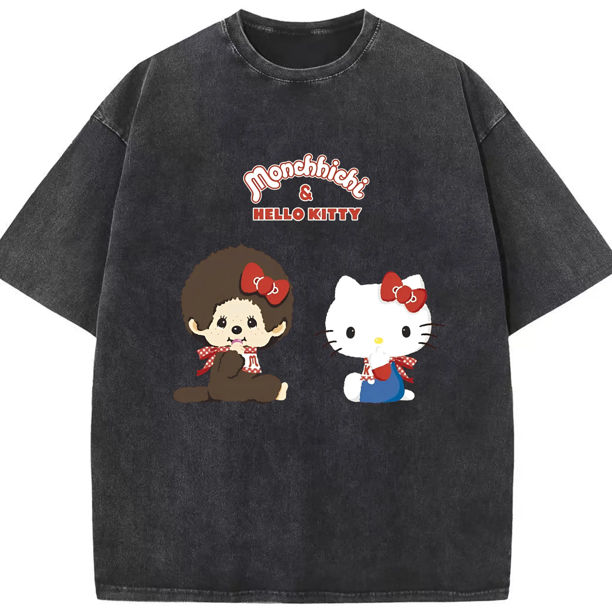モンチッチ×ハローキティコラボ限定 - 綿100％ ヴィンテージ風 半袖Tシャツ ・ フロントプリント ・ 柔らか肌触り ・ 通気性 快適 ・ スポーツ カジュアル 外出用