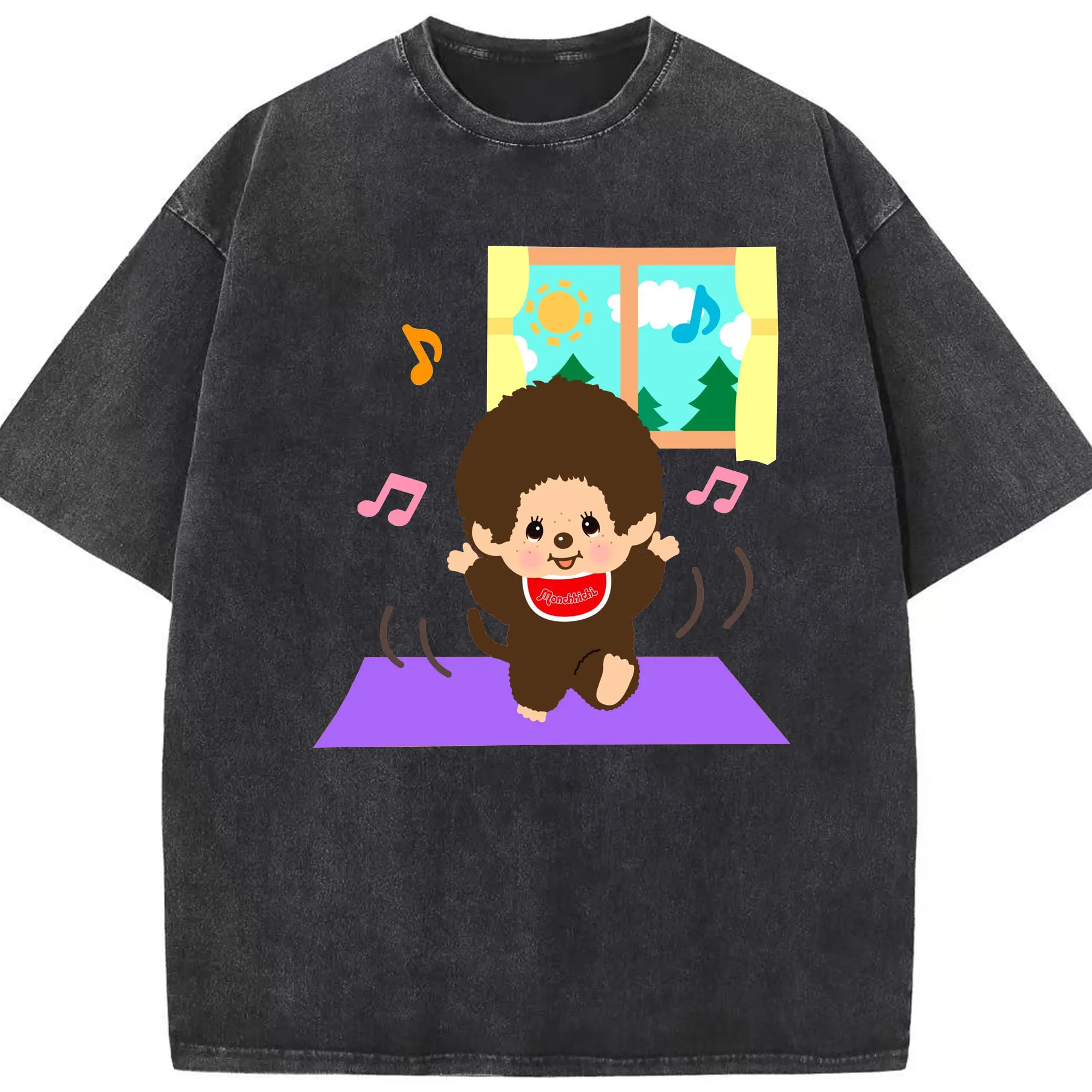 モンチッチミュージック 音符＆リズム柄 可愛いキャラクター - 綿100％ ヴィンテージ風 半袖Tシャツ ・ フロントプリント ・ 柔らか肌触り ・ 通気性 快適 ・ スポーツ カジュアル 外出用