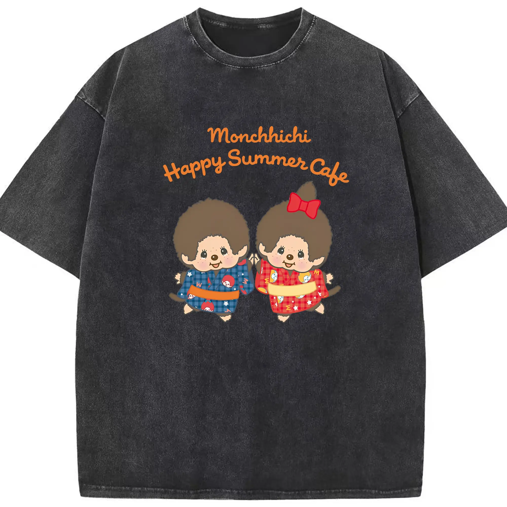 モンチッチ×着物デザイン 日本の伝統×可愛いキャラクター - 綿100％ ヴィンテージ風 半袖Tシャツ ・ フロントプリント ・ 柔らか肌触り ・ 通気性 快適 ・ スポーツ カジュアル 外出用