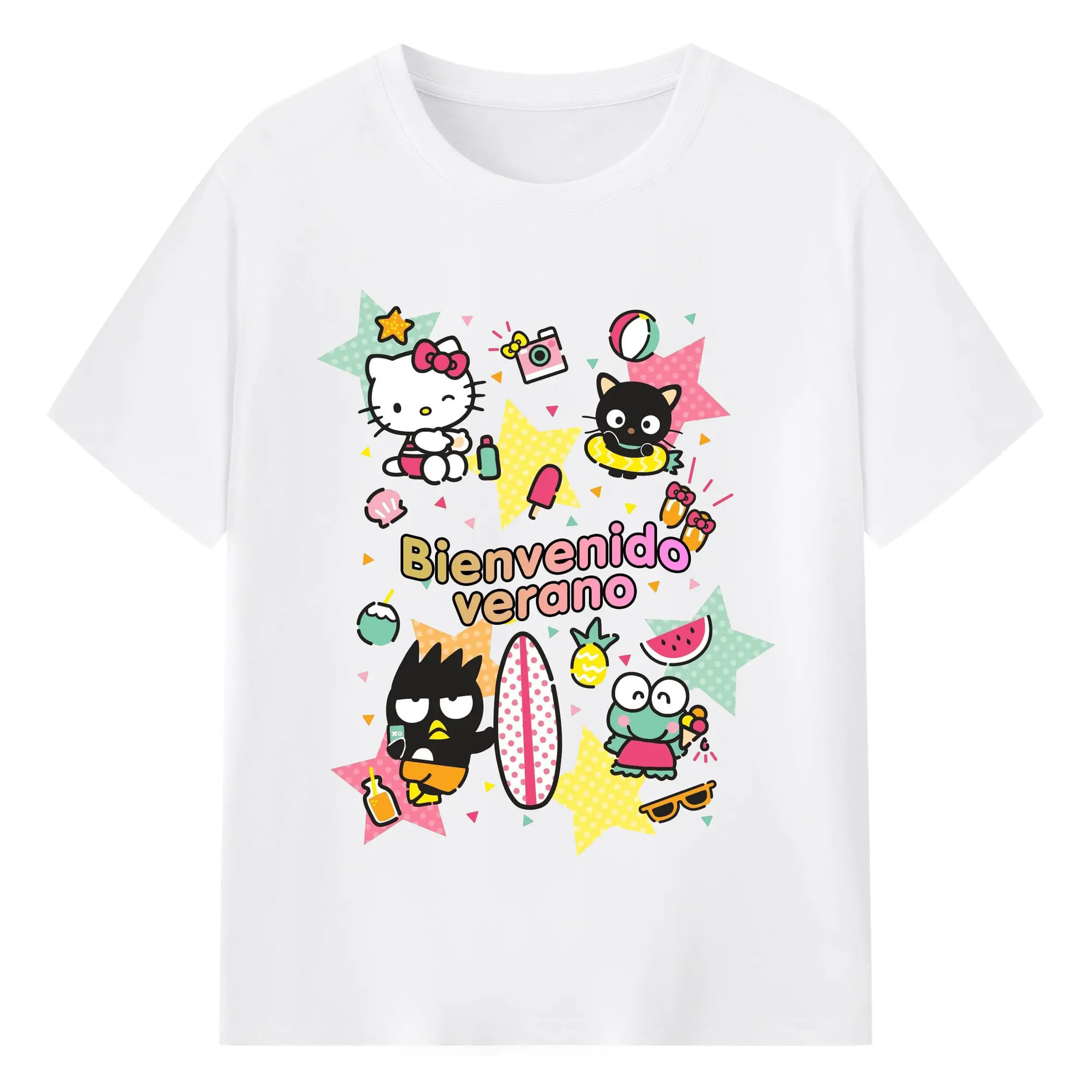 サンリオ グッズ風 カラフルプリント - 綿100％ 半袖Tシャツ ・ フロントプリント ・ 快適 通気性 ・ 日常使い 散歩 スポーツ用