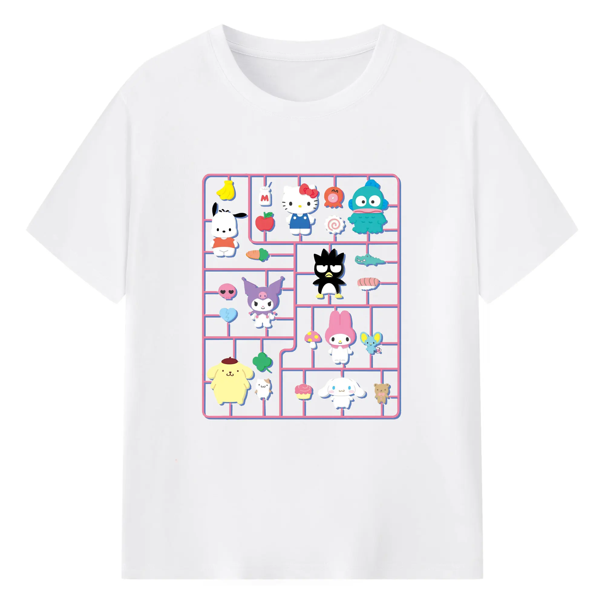 サンリオ グッズ風 カラフルプリント - 綿100％ 半袖Tシャツ ・ フロントプリント ・ 快適 通気性 ・ 日常使い 散歩 スポーツ用