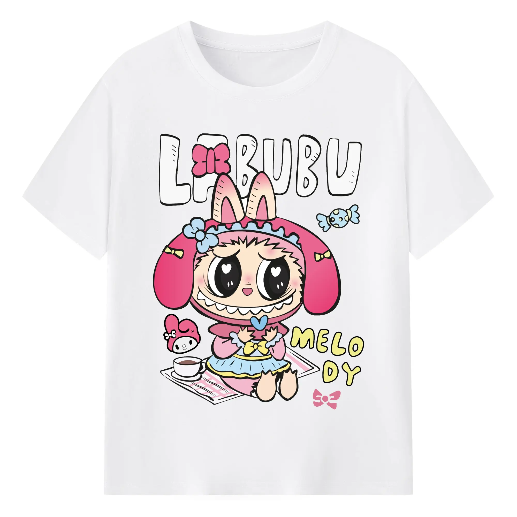 【限定】サンリオマイメロディ × ラブブ コラボ - 綿100％ 半袖Tシャツ ・ フロントプリント ・ 快適 通気性 ・ 日常使い 散歩 スポーツ用