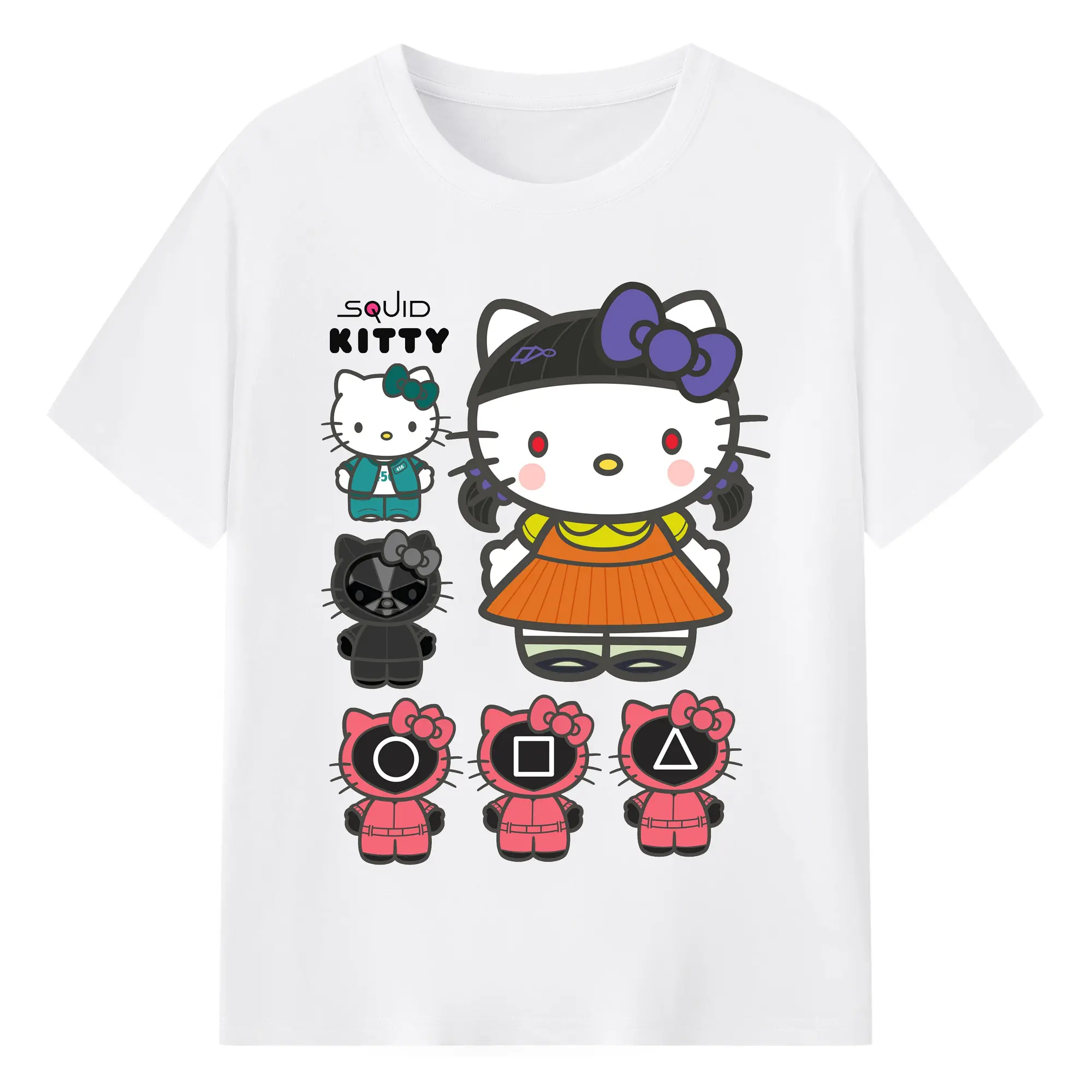 2025年新作 サンリオ イカゲームコラボ - 綿100％ 半袖Tシャツ ・ フロントプリント ・ 快適 通気性 ・ 日常使い 散歩 スポーツ用