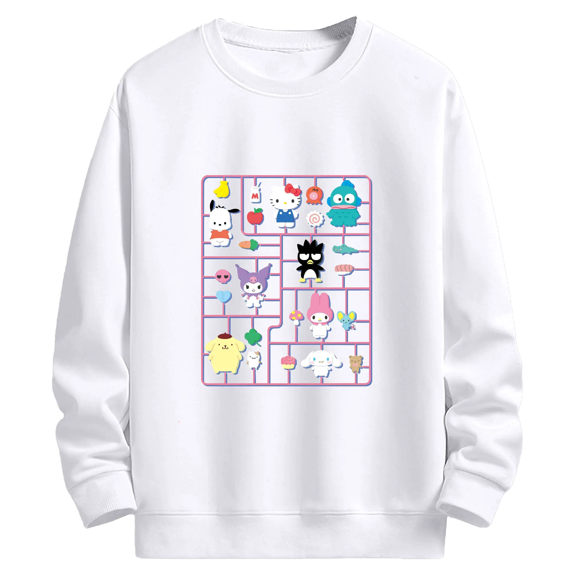 サンリオ グッズ風 カラフルプリント - 高品質 クルーネック スウェット ・ コットン59％ ポリエステル41％ ・ ユニセックス 長袖 トレーナー ・ カジュアル デイリー スポーツ 散歩用