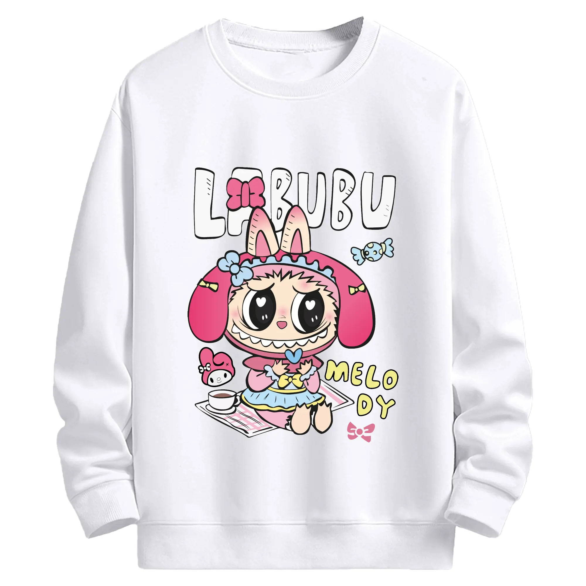 【限定】サンリオマイメロディ × ラブブ コラボ - 高品質 クルーネック スウェット ・ コットン59％ ポリエステル41％ ・ ユニセックス 長袖 トレーナー ・ カジュアル デイリー スポーツ 散歩用