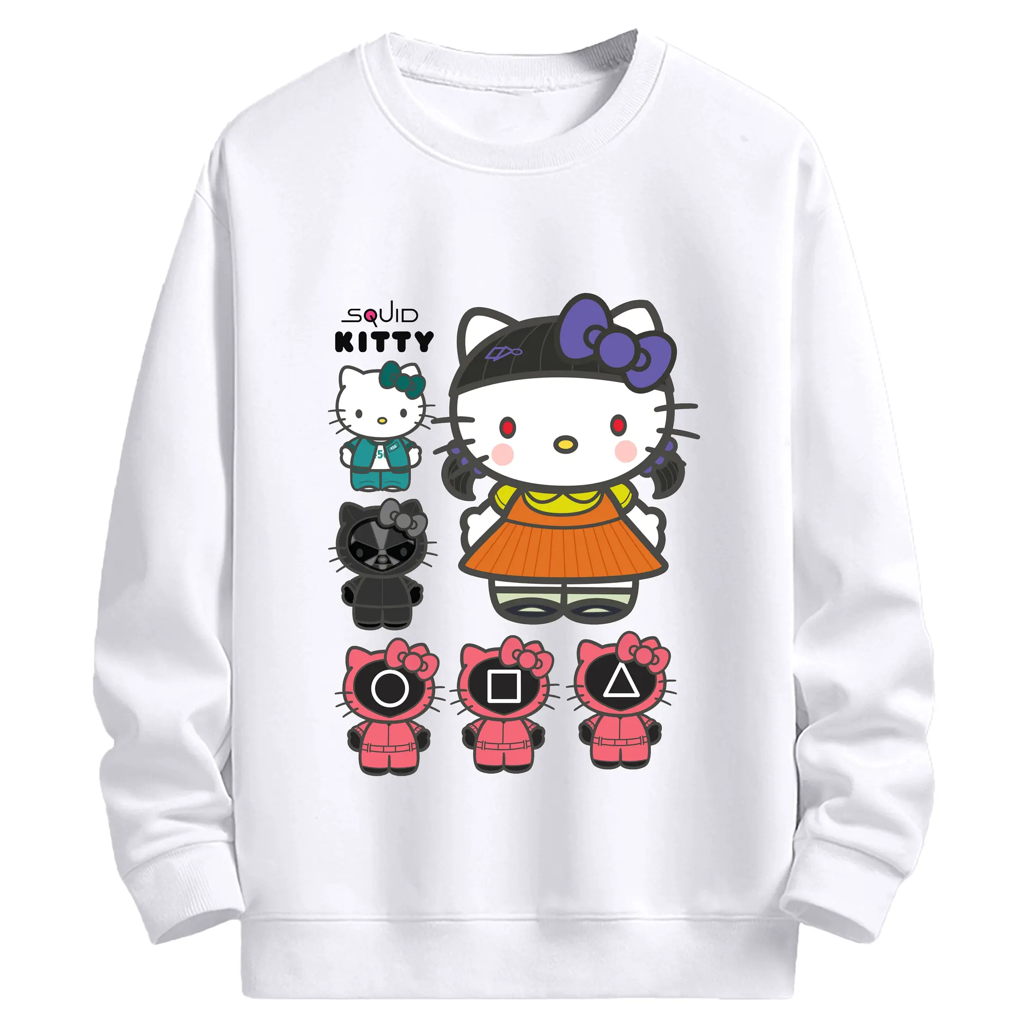 2025年新作 サンリオ イカゲームコラボ - 高品質 クルーネック スウェット ・ コットン59％ ポリエステル41％ ・ ユニセックス 長袖 トレーナー ・ カジュアル デイリー スポーツ 散歩用