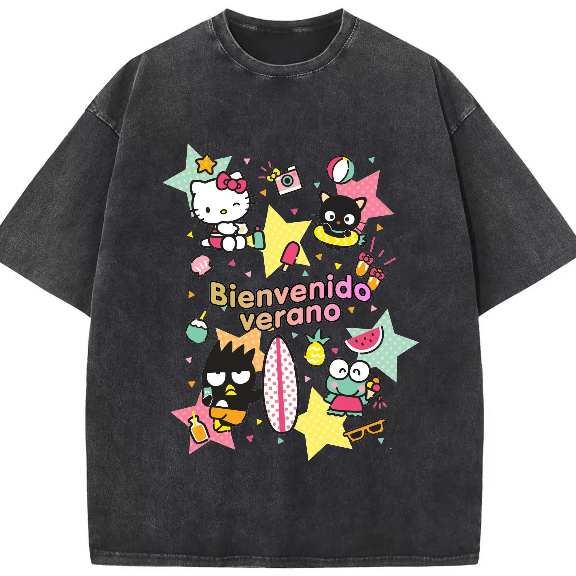 サンリオ グッズ風 カラフルプリント - 綿100％ ヴィンテージ風 半袖Tシャツ ・ フロントプリント ・ 柔らか肌触り ・ 通気性 快適 ・ スポーツ カジュアル 外出用