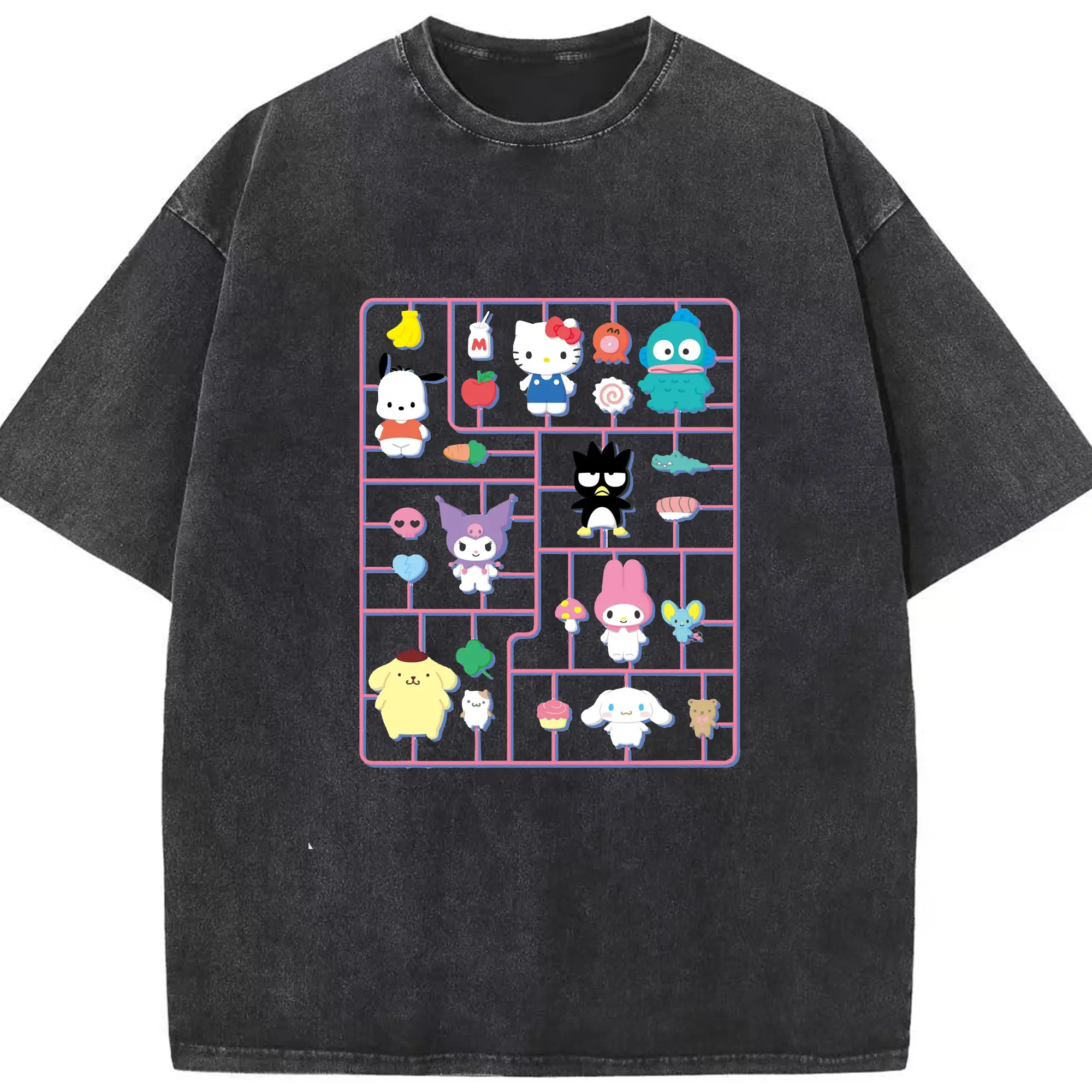 サンリオ グッズ風 カラフルプリント - 綿100％ ヴィンテージ風 半袖Tシャツ ・ フロントプリント ・ 柔らか肌触り ・ 通気性 快適 ・ スポーツ カジュアル 外出用