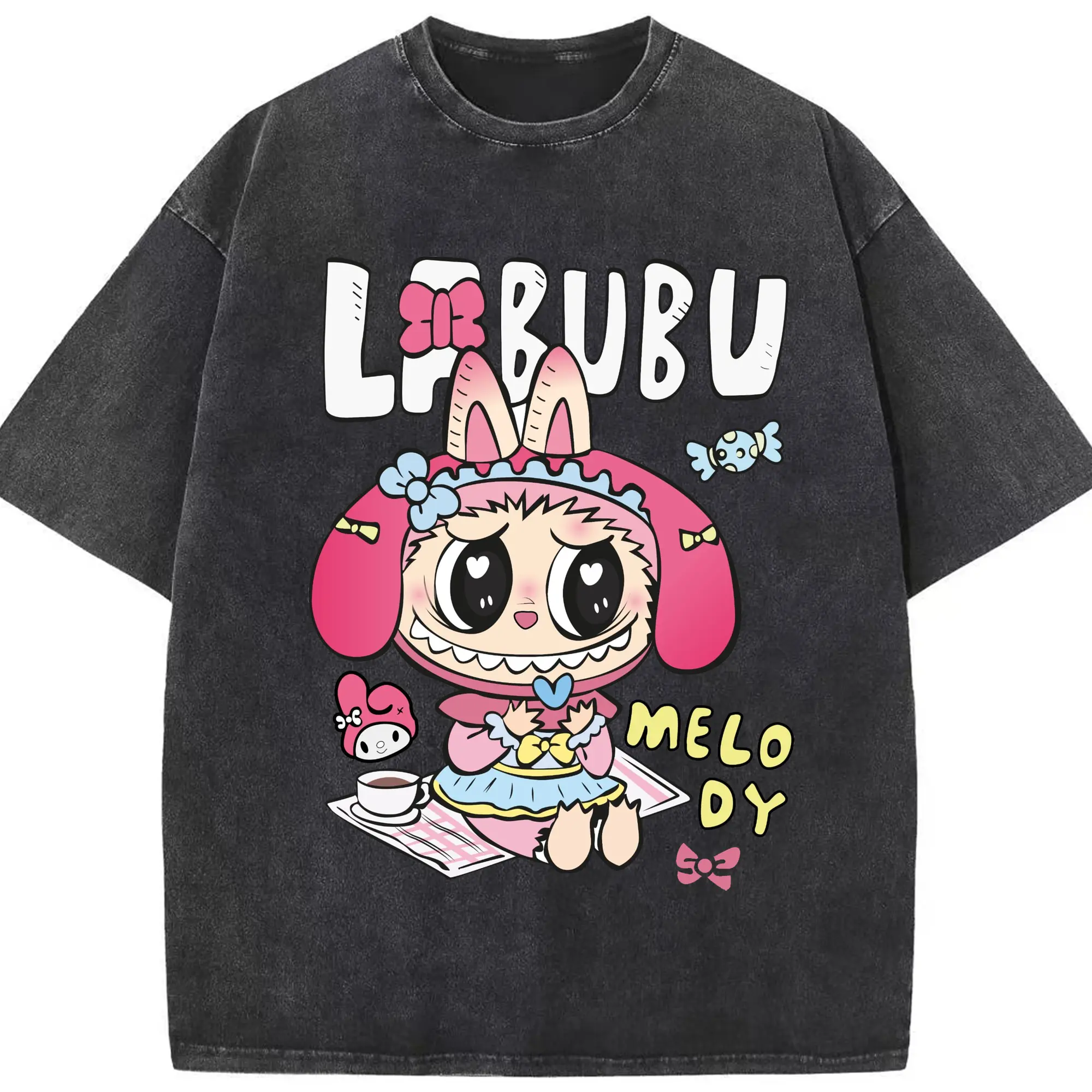 【限定】サンリオマイメロディ × ラブブ コラボ - 綿100％ ヴィンテージ風 半袖Tシャツ ・ フロントプリント ・ 柔らか肌触り ・ 通気性 快適 ・ スポーツ カジュアル 外出用