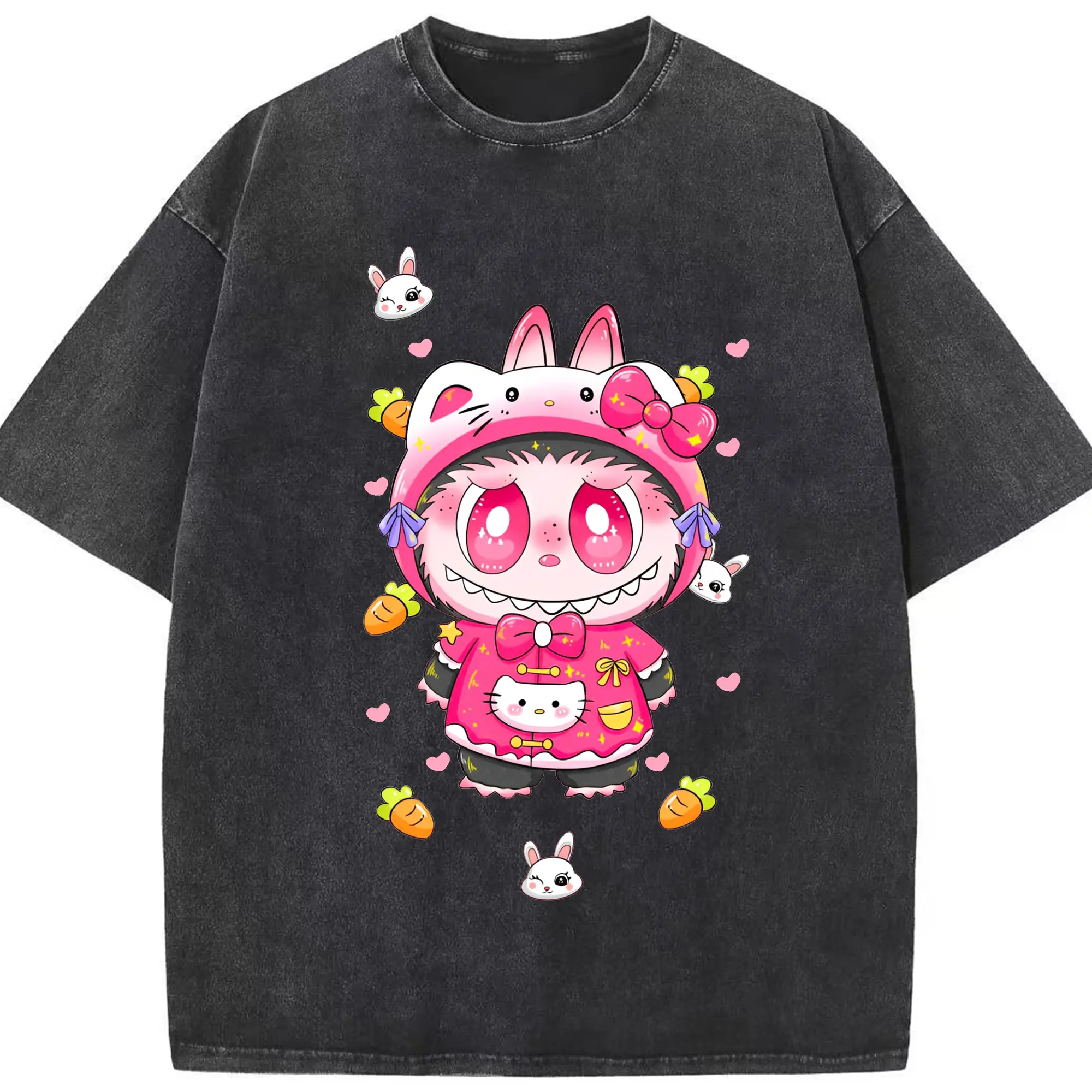 サンリオハローキティ& ラブブ 限定 - 綿100％ ヴィンテージ風 半袖Tシャツ ・ フロントプリント ・ 柔らか肌触り ・ 通気性 快適 ・ スポーツ カジュアル 外出用