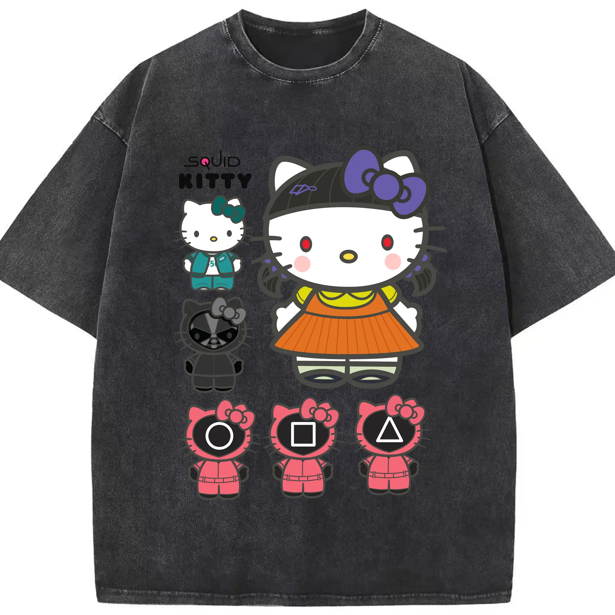 2025年新作 サンリオ イカゲームコラボ - 綿100％ ヴィンテージ風 半袖Tシャツ ・ フロントプリント ・ 柔らか肌触り ・ 通気性 快適 ・ スポーツ カジュアル 外出用
