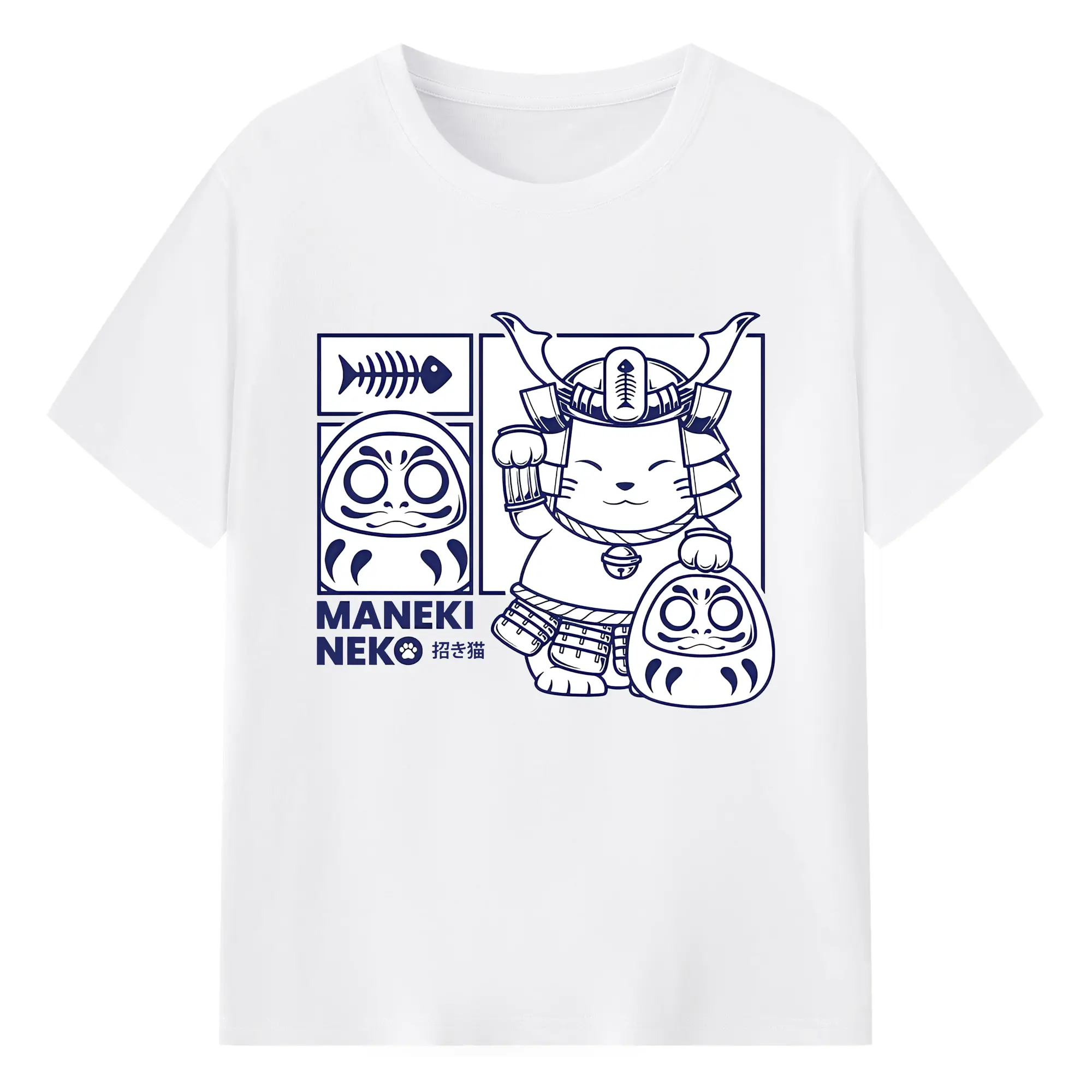 限定 武士ネコ×だるま 開運キャラクター - 綿100％ 半袖Tシャツ ・ フロントプリント ・ 快適 通気性 ・ 日常使い 散歩 スポーツ用