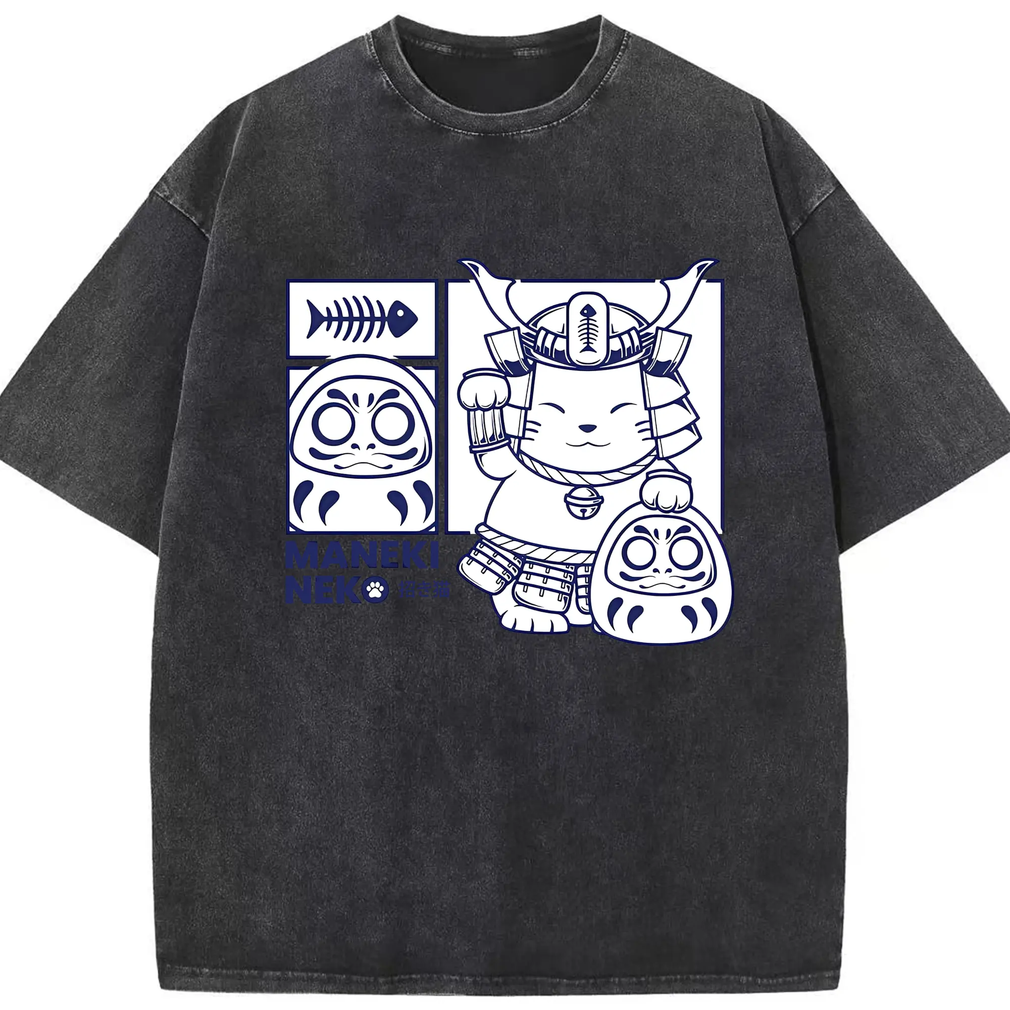 限定 武士ネコ×だるま 開運キャラクター - 綿100％ ヴィンテージ風 半袖Tシャツ ・ フロントプリント ・ 柔らか肌触り ・ 通気性 快適 ・ スポーツ カジュアル 外出用