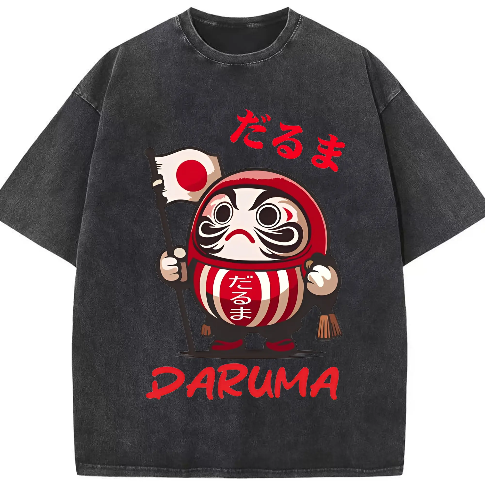 愛国和風スタイル 開運だるまキャラクター - 綿100％ ヴィンテージ風 半袖Tシャツ ・ フロントプリント ・ 柔らか肌触り ・ 通気性 快適 ・ スポーツ カジュアル 外出用