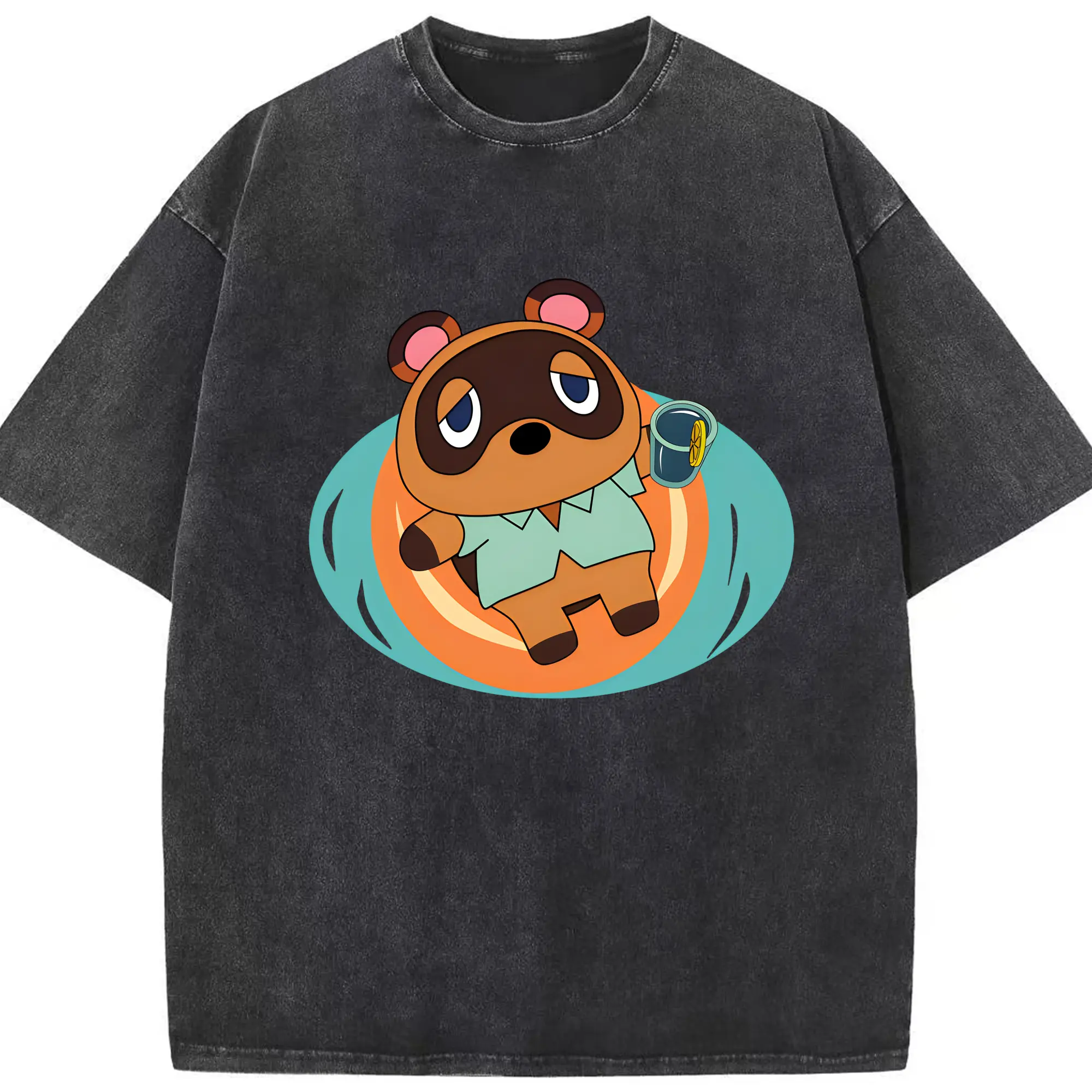 どうぶつの森 たぬきち 癒し系キャラクター - 綿100％ ヴィンテージ風 半袖Tシャツ ・ フロントプリント ・ 柔らか肌触り ・ 通気性 快適 ・ スポーツ カジュアル 外出用