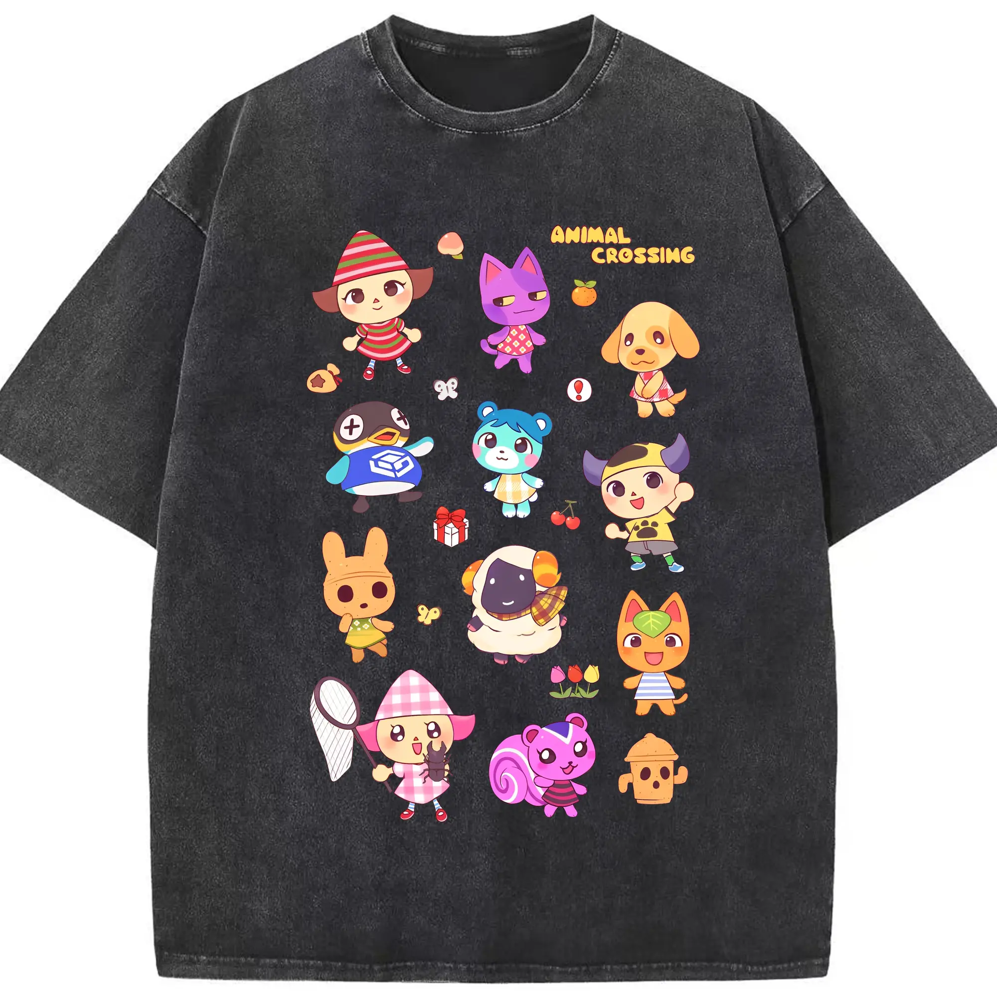 人気ゲーム どうぶつの森 キャラクター - 綿100％ ヴィンテージ風 半袖Tシャツ ・ フロントプリント ・ 柔らか肌触り ・ 通気性 快適 ・ スポーツ カジュアル 外出用