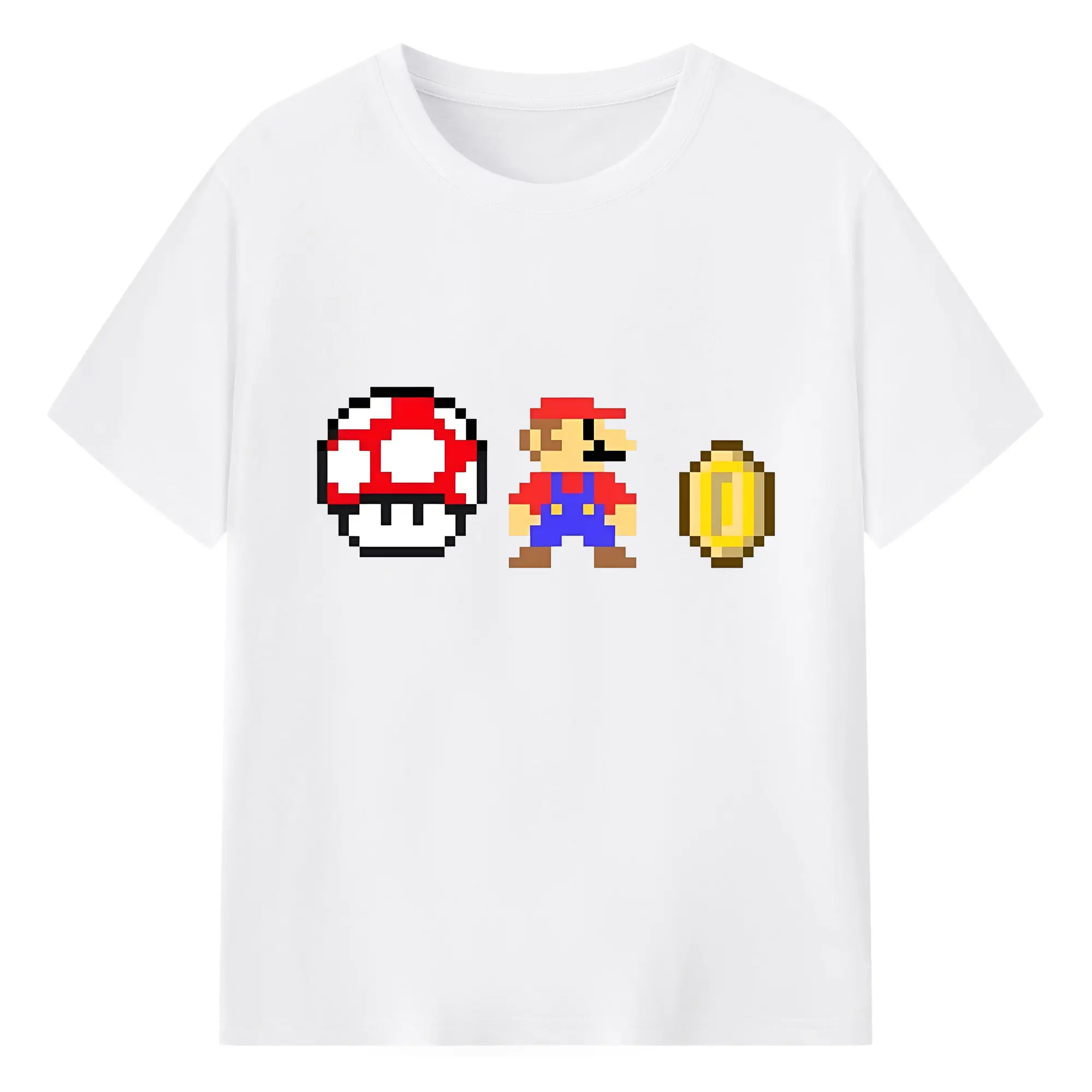 マリオとキノピオのコイン集めレトロゲーム風 - 綿100％ 半袖Tシャツ ・ フロントプリント ・ 快適 通気性 ・ 日常使い 散歩 スポーツ用