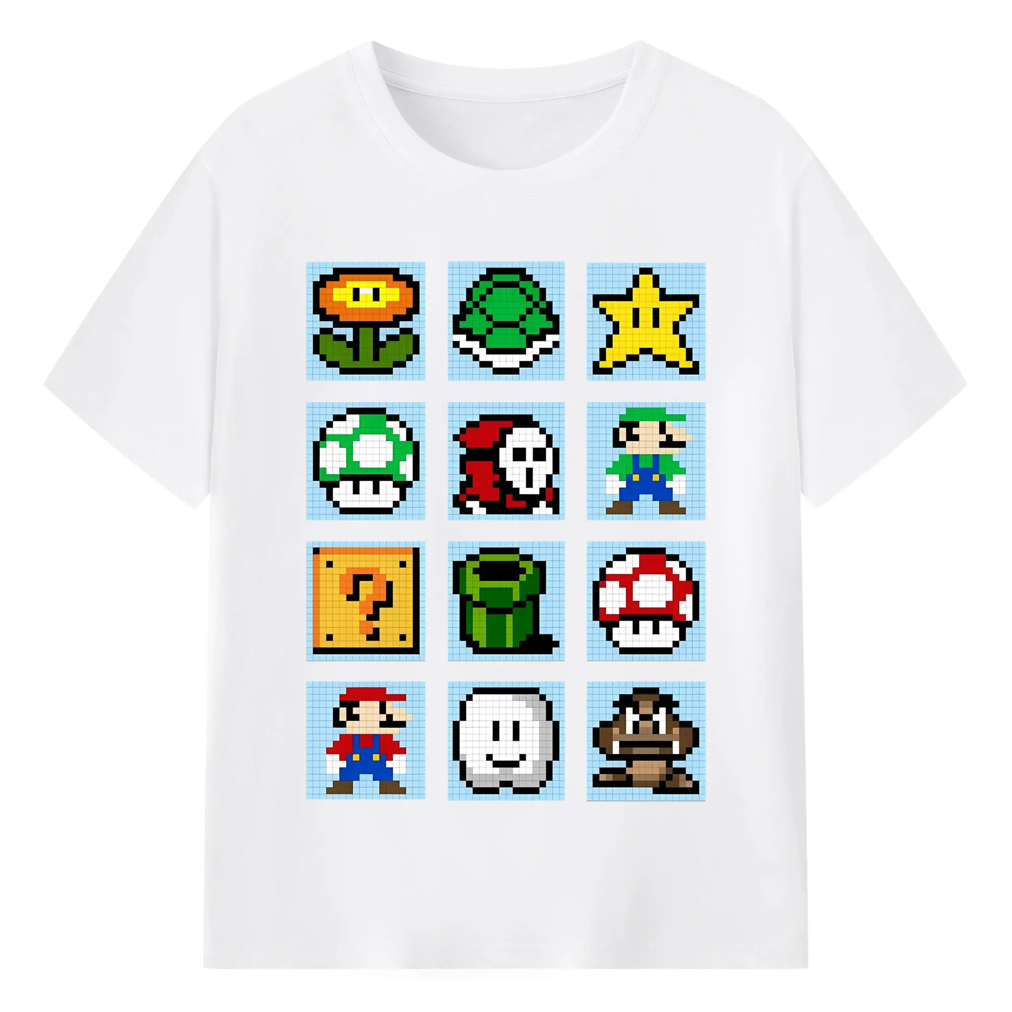 スーパーマリオ キャラクター総柄 - 綿100％ 半袖Tシャツ ・ フロントプリント ・ 快適 通気性 ・ 日常使い 散歩 スポーツ用