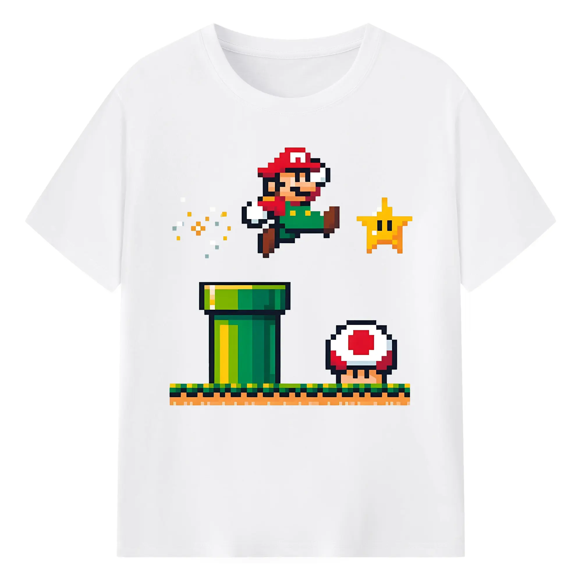 スーパーマリオ＆キノピオ 8ビットドット絵 - 綿100％ 半袖Tシャツ ・ フロントプリント ・ 快適 通気性 ・ 日常使い 散歩 スポーツ用