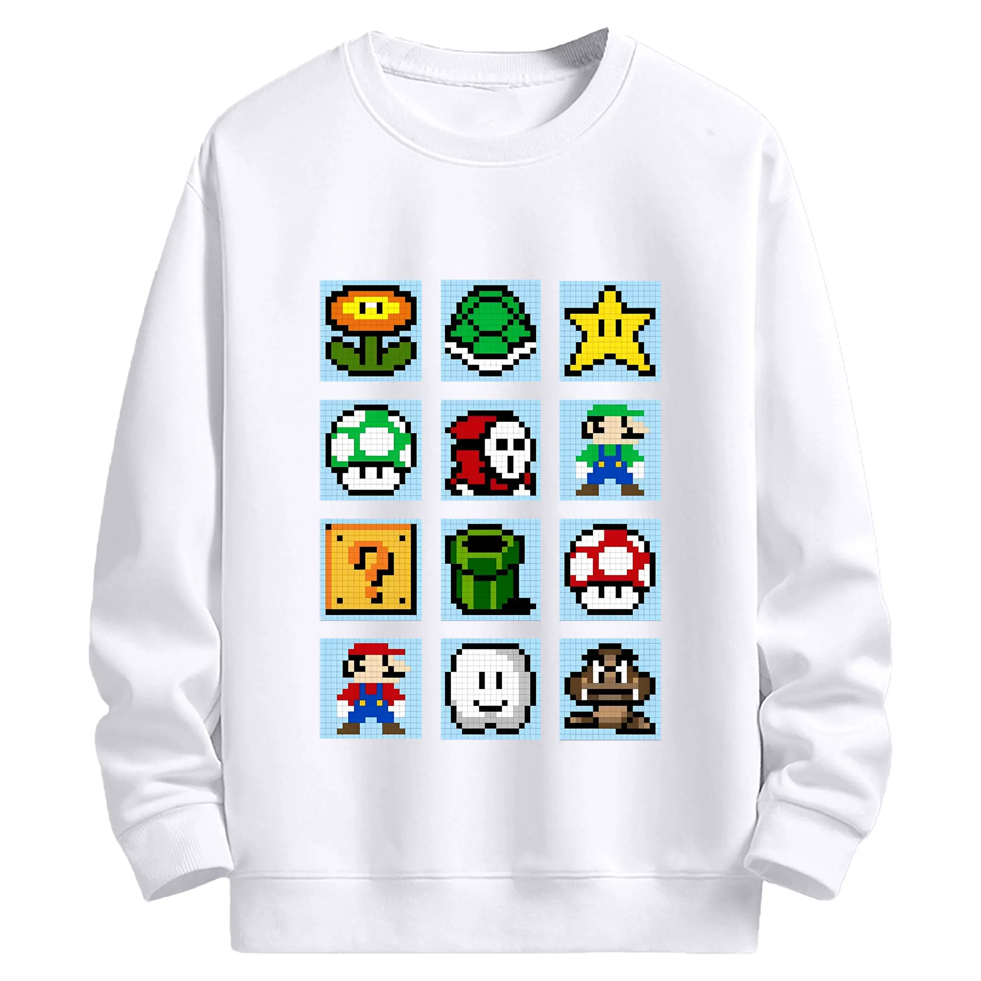 スーパーマリオ キャラクター総柄 - 高品質 クルーネック スウェット ・ コットン59％ ポリエステル41％ ・ ユニセックス 長袖 トレーナー ・ カジュアル デイリー スポーツ 散歩用