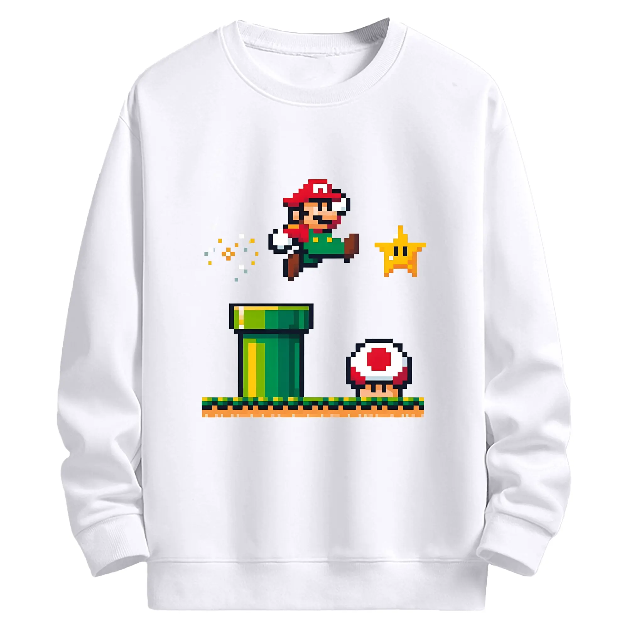 スーパーマリオ＆キノピオ 8ビットドット絵 - 高品質 クルーネック スウェット ・ コットン59％ ポリエステル41％ ・ ユニセックス 長袖 トレーナー ・ カジュアル デイリー スポーツ 散歩用