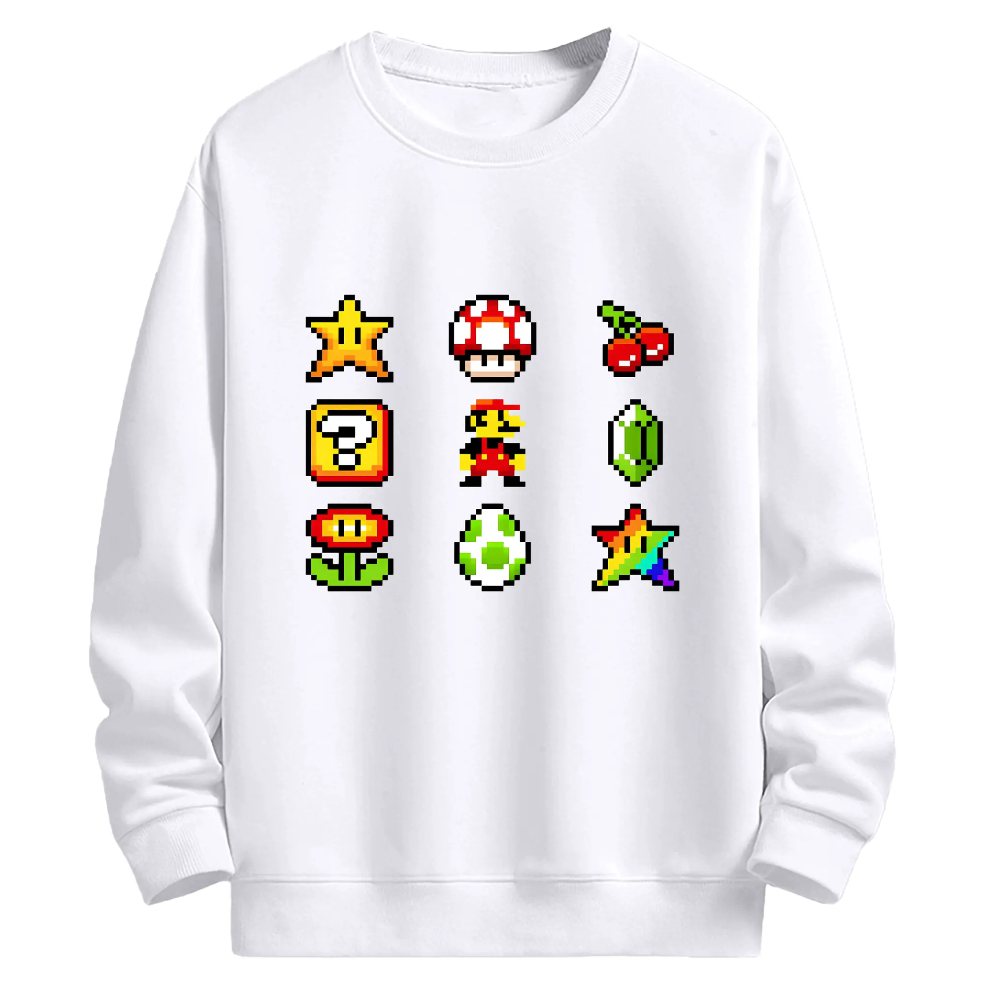 マリオゲームモチーフ カジュアルユニセックス - 高品質 クルーネック スウェット ・ コットン59％ ポリエステル41％ ・ ユニセックス 長袖 トレーナー ・ カジュアル デイリー スポーツ 散歩用