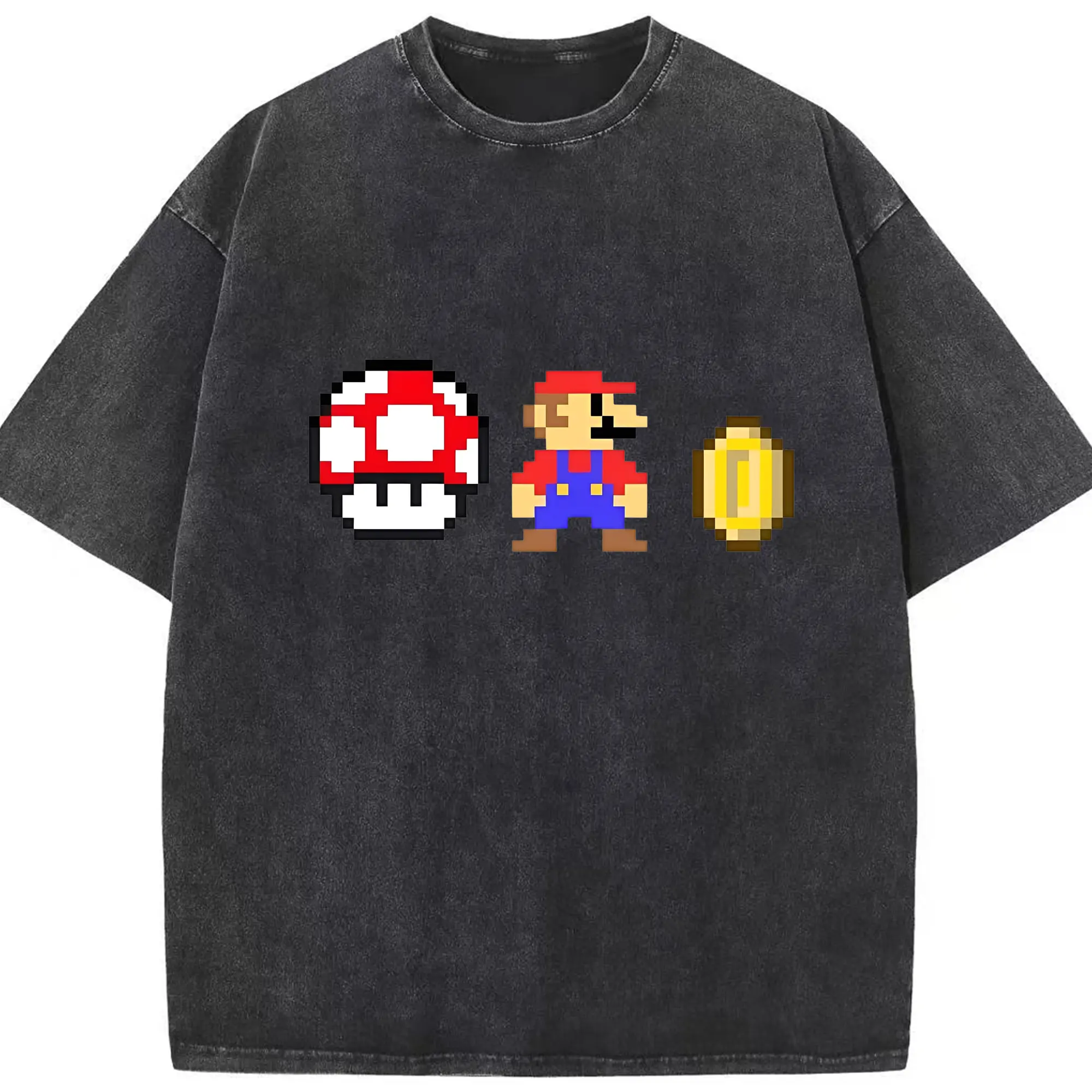マリオとキノピオのコイン集めレトロゲーム風 - 綿100％ ヴィンテージ風 半袖Tシャツ ・ フロントプリント ・ 柔らか肌触り ・ 通気性 快適 ・ スポーツ カジュアル 外出用
