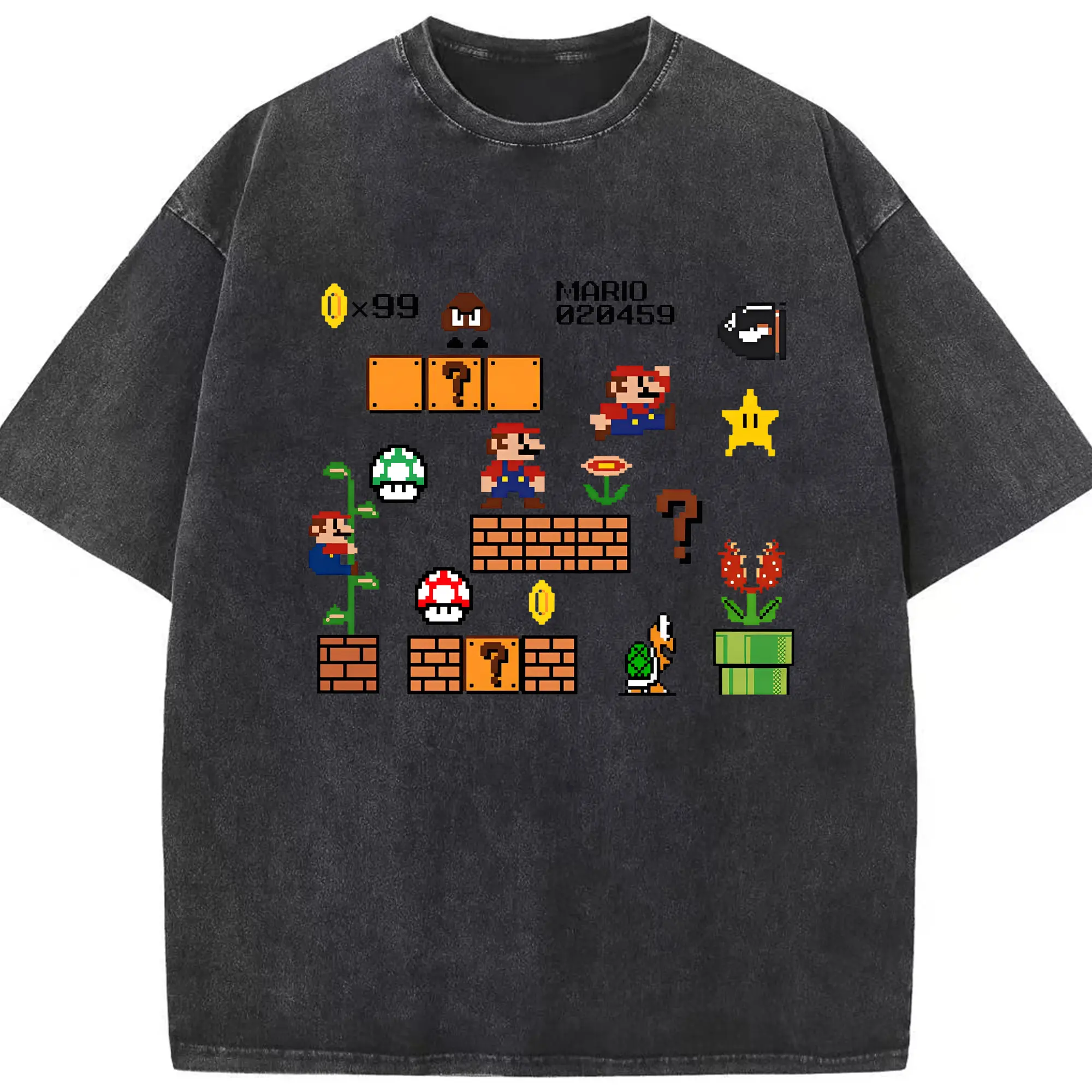 人気ゲーム マリオ 限定プリント - 綿100％ ヴィンテージ風 半袖Tシャツ ・ フロントプリント ・ 柔らか肌触り ・ 通気性 快適 ・ スポーツ カジュアル 外出用
