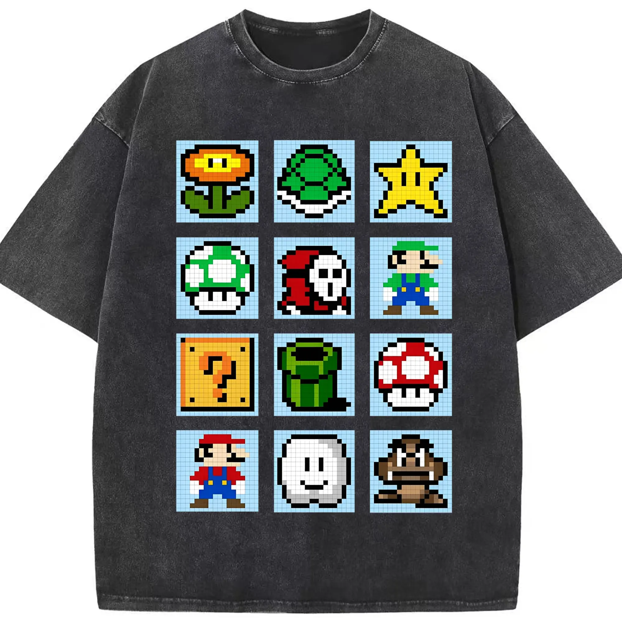 スーパーマリオ キャラクター総柄 - 綿100％ ヴィンテージ風 半袖Tシャツ ・ フロントプリント ・ 柔らか肌触り ・ 通気性 快適 ・ スポーツ カジュアル 外出用
