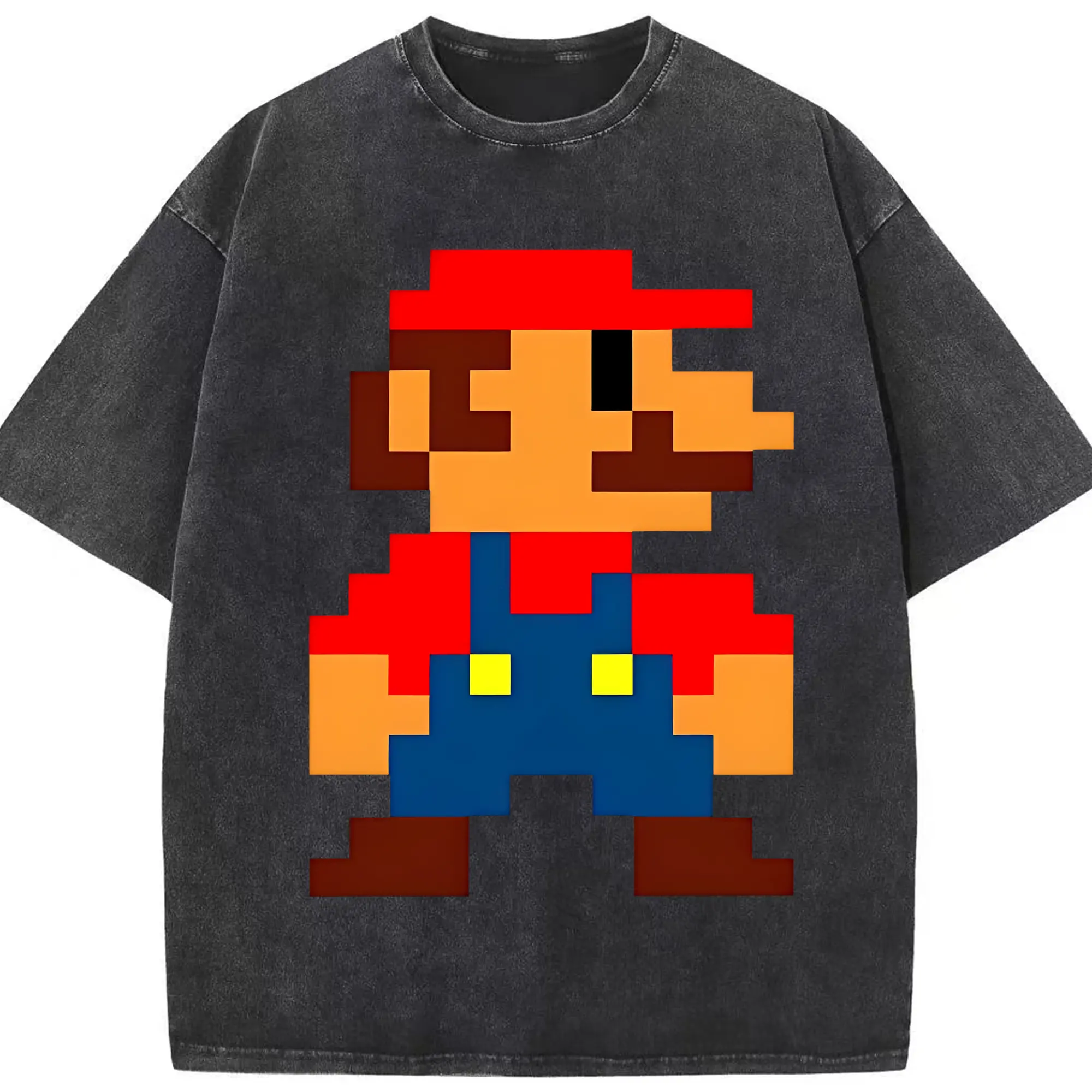 レトロゲーム風 スーパーマリオブラザーズ 8bit - 綿100％ ヴィンテージ風 半袖Tシャツ ・ フロントプリント ・ 柔らか肌触り ・ 通気性 快適 ・ スポーツ カジュアル 外出用