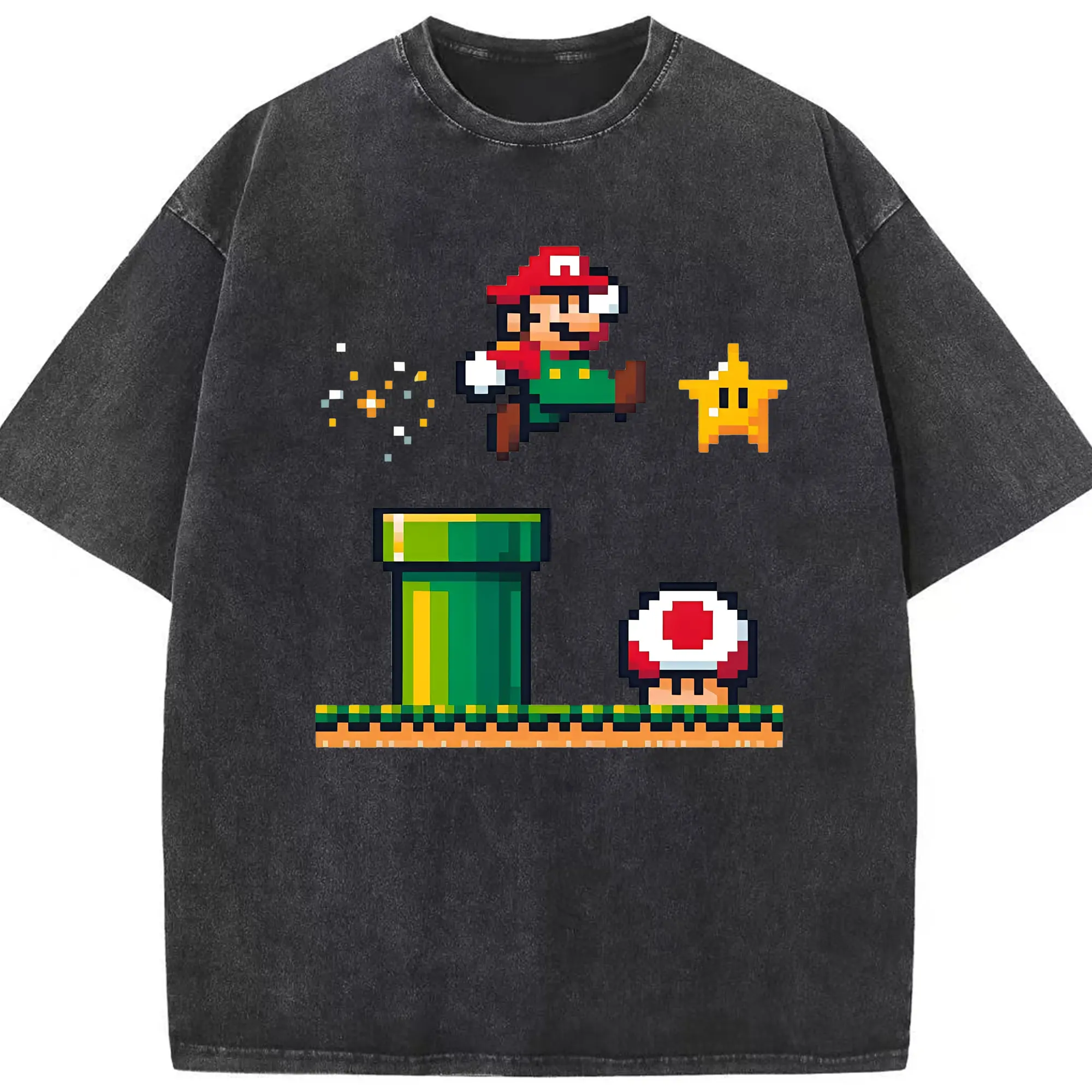 スーパーマリオ＆キノピオ 8ビットドット絵 - 綿100％ ヴィンテージ風 半袖Tシャツ ・ フロントプリント ・ 柔らか肌触り ・ 通気性 快適 ・ スポーツ カジュアル 外出用