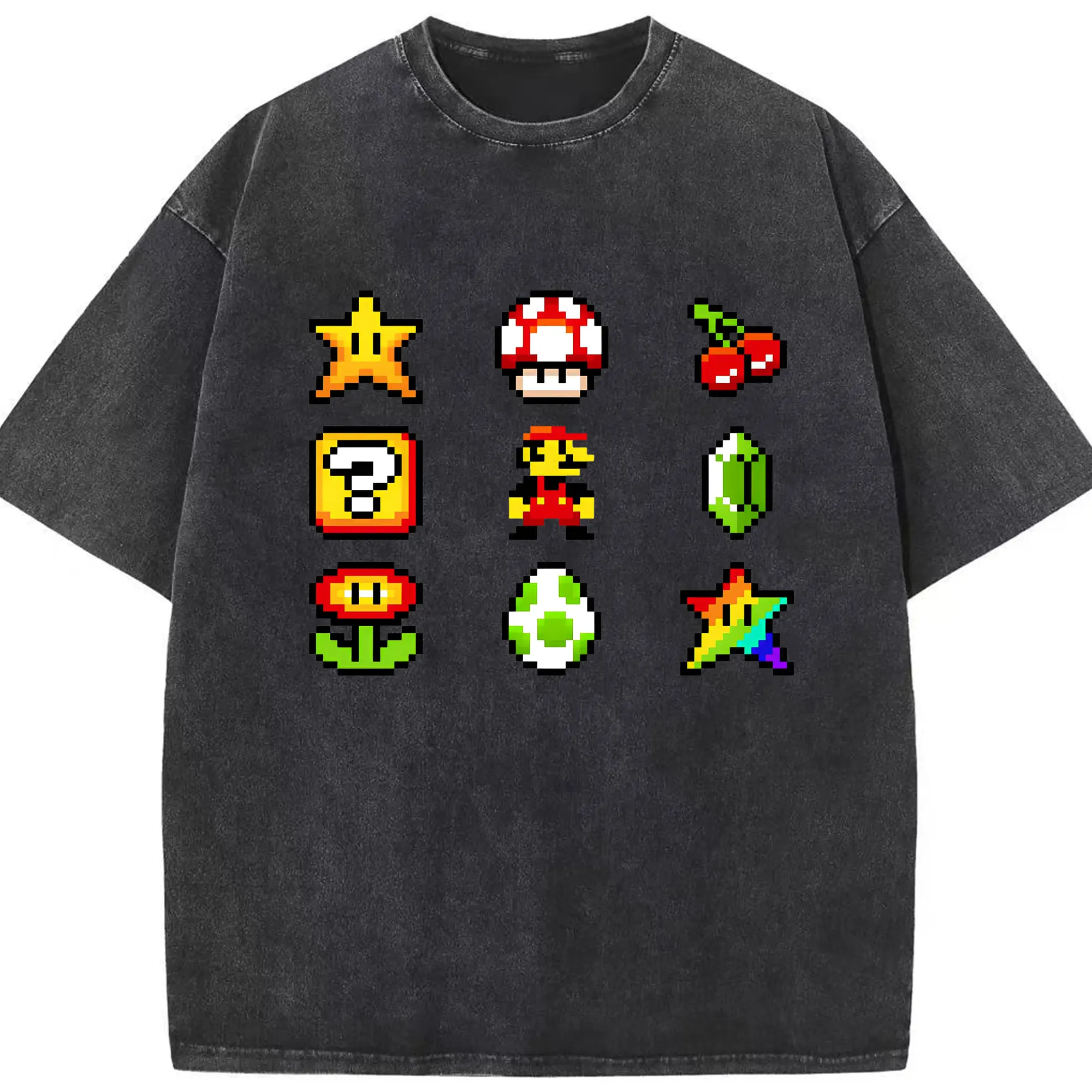 マリオゲームモチーフ カジュアルユニセックス - 綿100％ ヴィンテージ風 半袖Tシャツ ・ フロントプリント ・ 柔らか肌触り ・ 通気性 快適 ・ スポーツ カジュアル 外出用