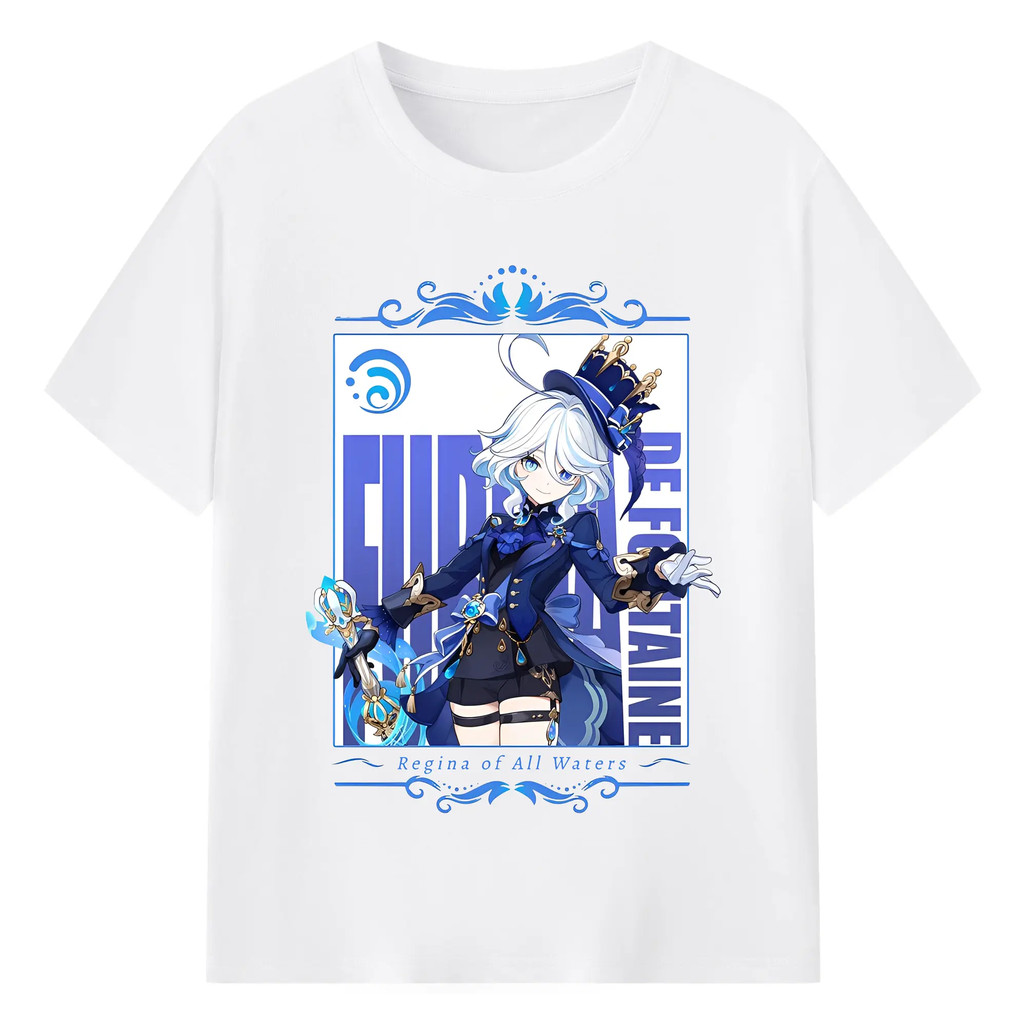 原神 Furina 限定デザイン キュートキャラクター - 綿100％ 半袖Tシャツ ・ フロントプリント ・ 快適 通気性 ・ 日常使い 散歩 スポーツ用