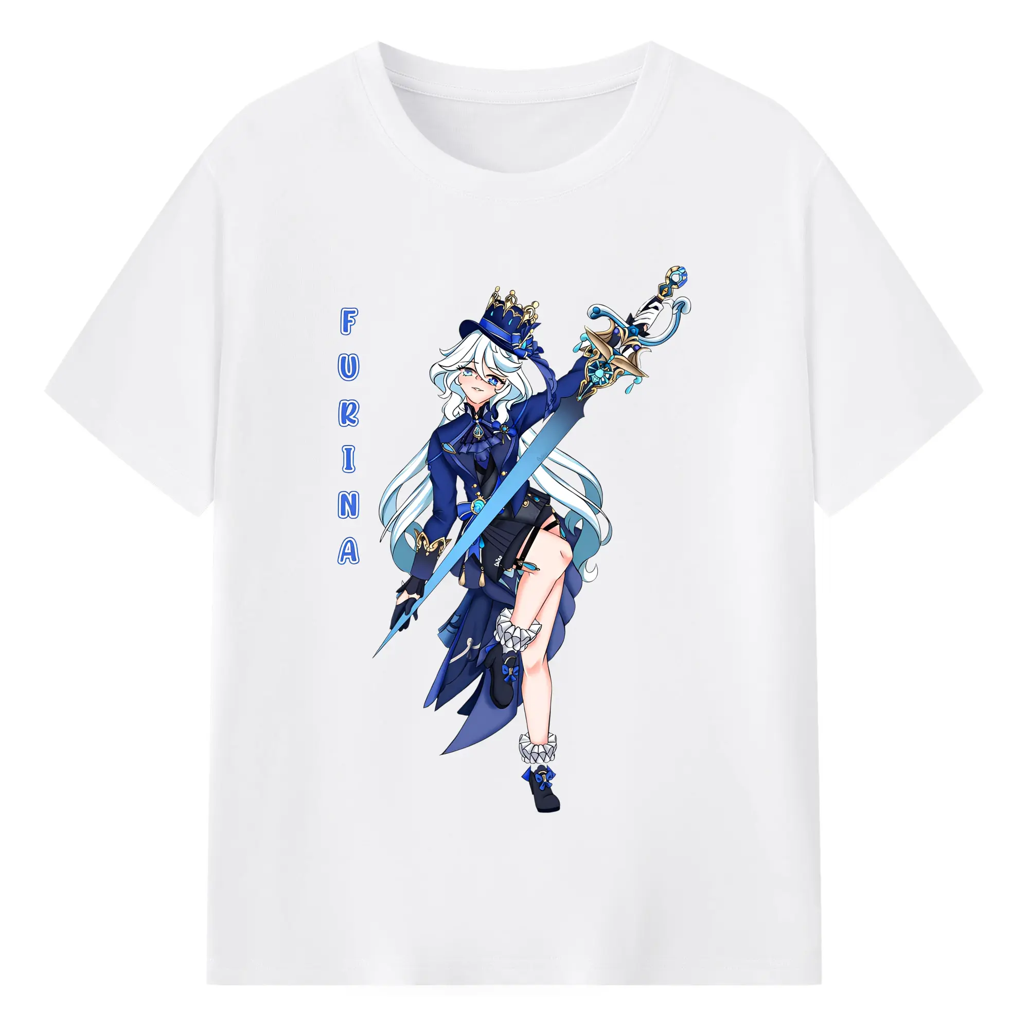 原神 フリナ（水神） ポップカルチャー風アニメプリント - 綿100％ 半袖Tシャツ ・ フロントプリント ・ 快適 通気性 ・ 日常使い 散歩 スポーツ用