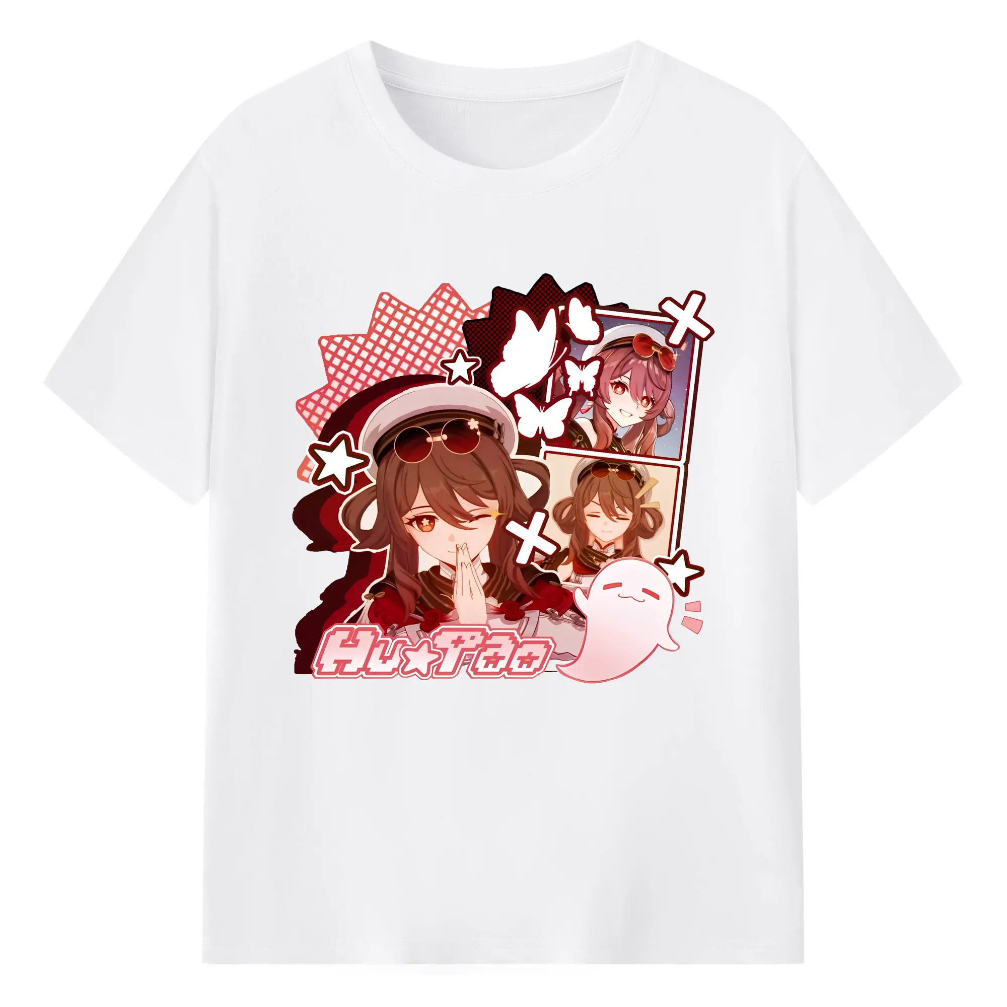 原神 胡桃 ゆるかわアート - 綿100％ 半袖Tシャツ ・ フロントプリント ・ 快適 通気性 ・ 日常使い 散歩 スポーツ用