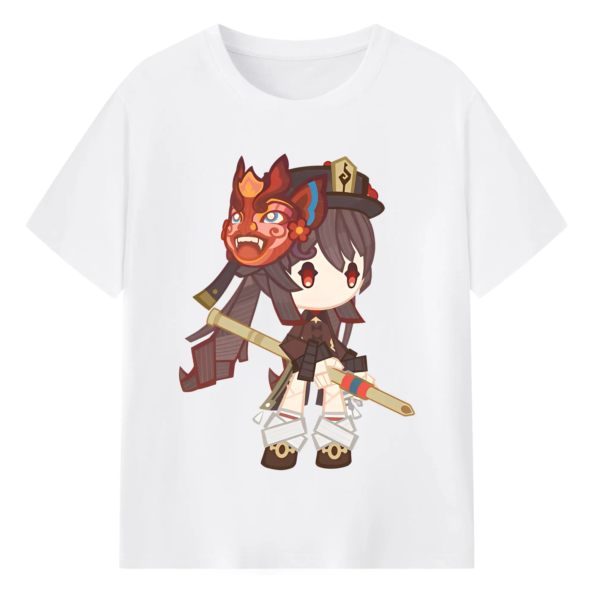 原神 Hu Tao 限定デザイン キュートキャラクター - 綿100％ 半袖Tシャツ ・ フロントプリント ・ 快適 通気性 ・ 日常使い 散歩 スポーツ用
