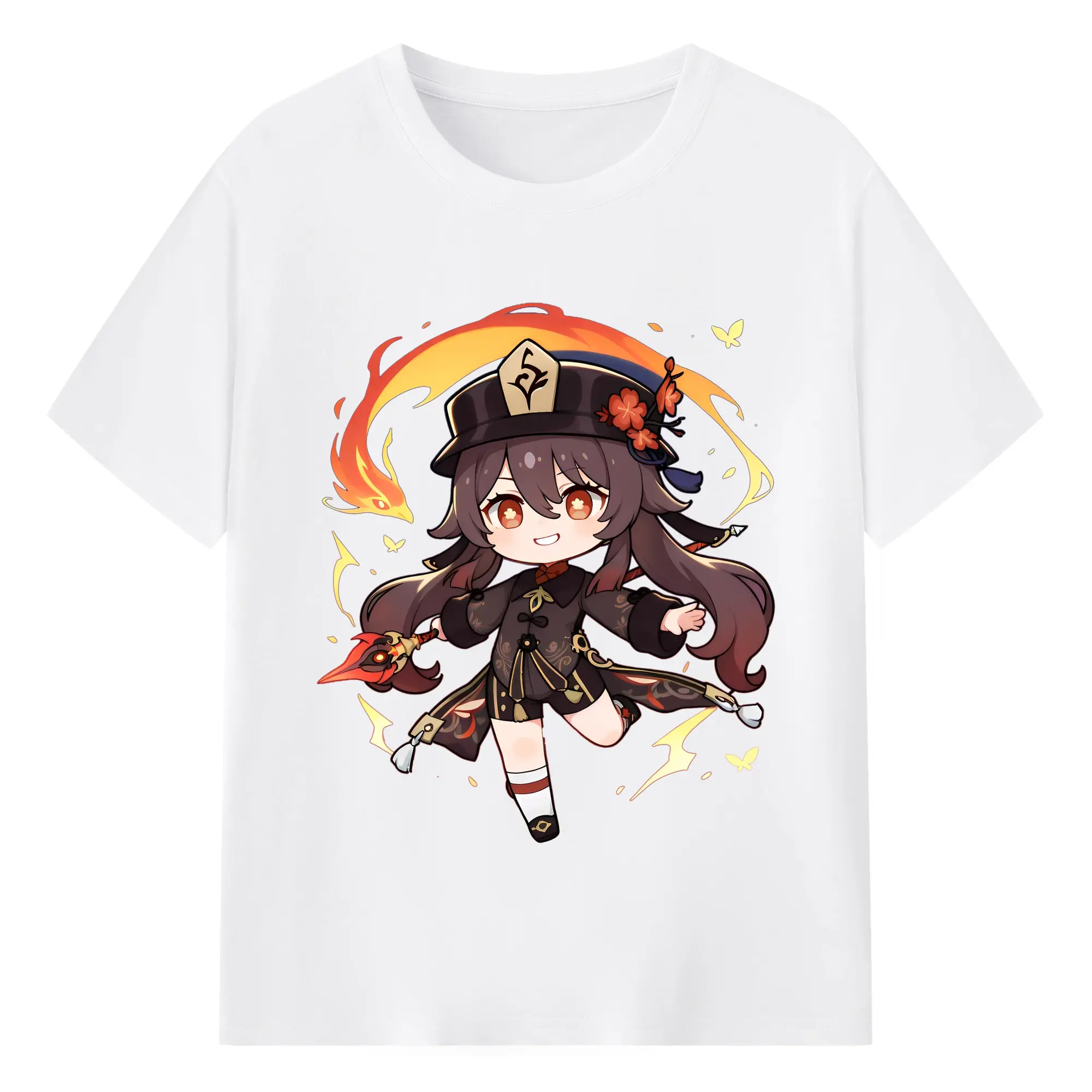 原神 Hu Tao 限定デザイン キュートキャラクター - 綿100％ 半袖Tシャツ ・ フロントプリント ・ 快適 通気性 ・ 日常使い 散歩 スポーツ用