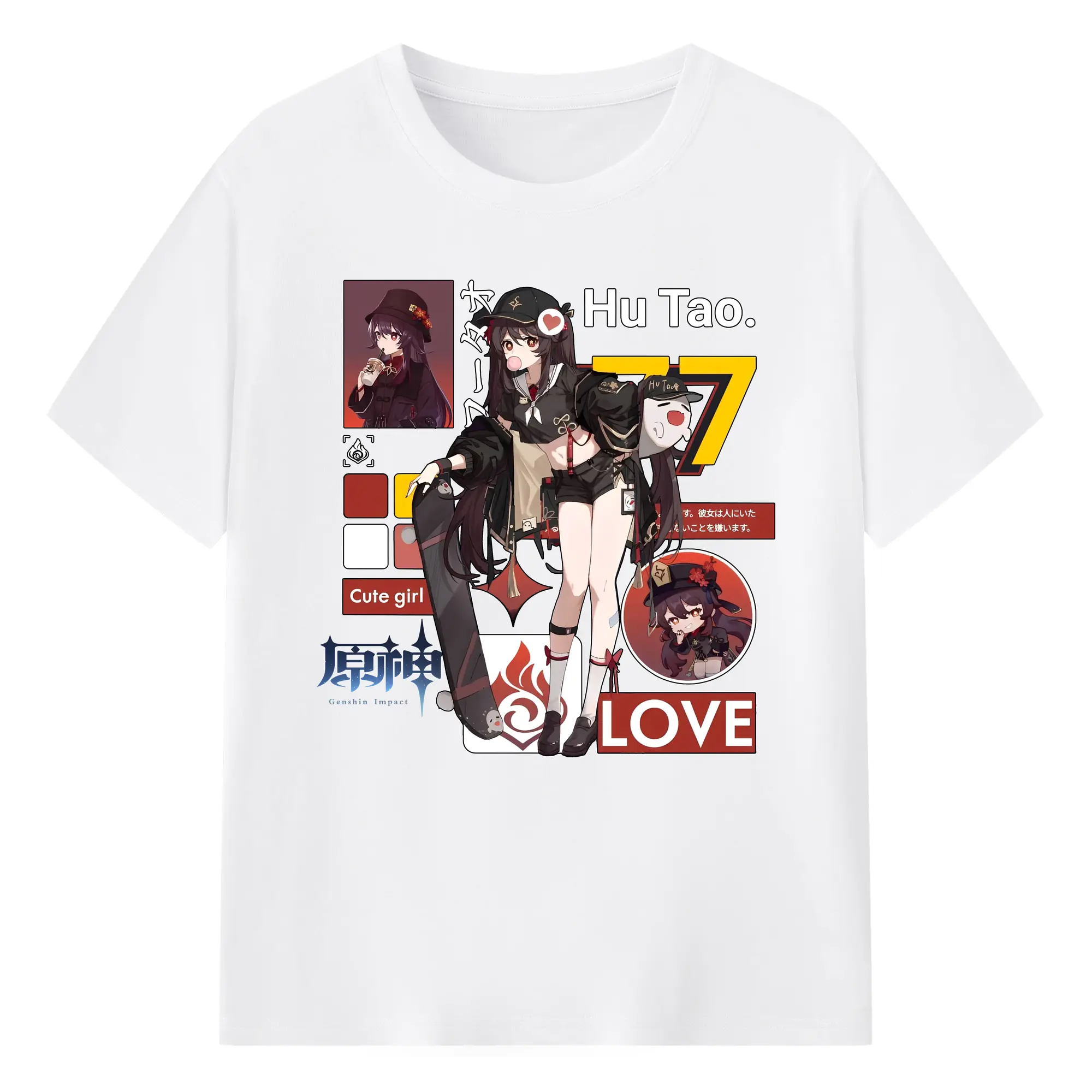 2025年最新 胡桃 キャラクター - 綿100％ 半袖Tシャツ ・ フロントプリント ・ 快適 通気性 ・ 日常使い 散歩 スポーツ用